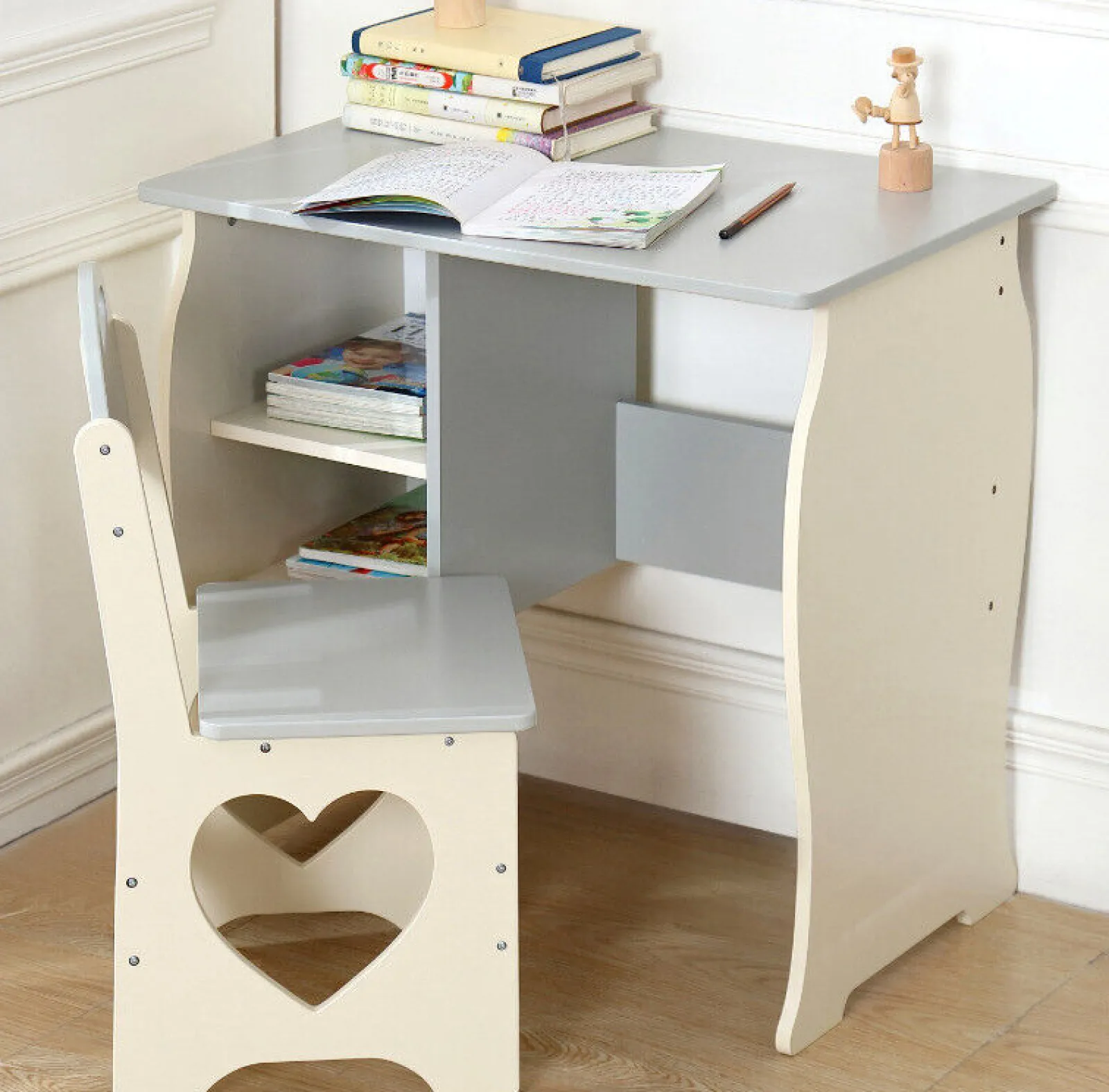 Kinder Little Helper Montessori Sweetheart Hausaufgabenpult für Kinder | Bücherregal | Aufbewahrung & Hocker | Creme & Grau | 3-10 Jahre