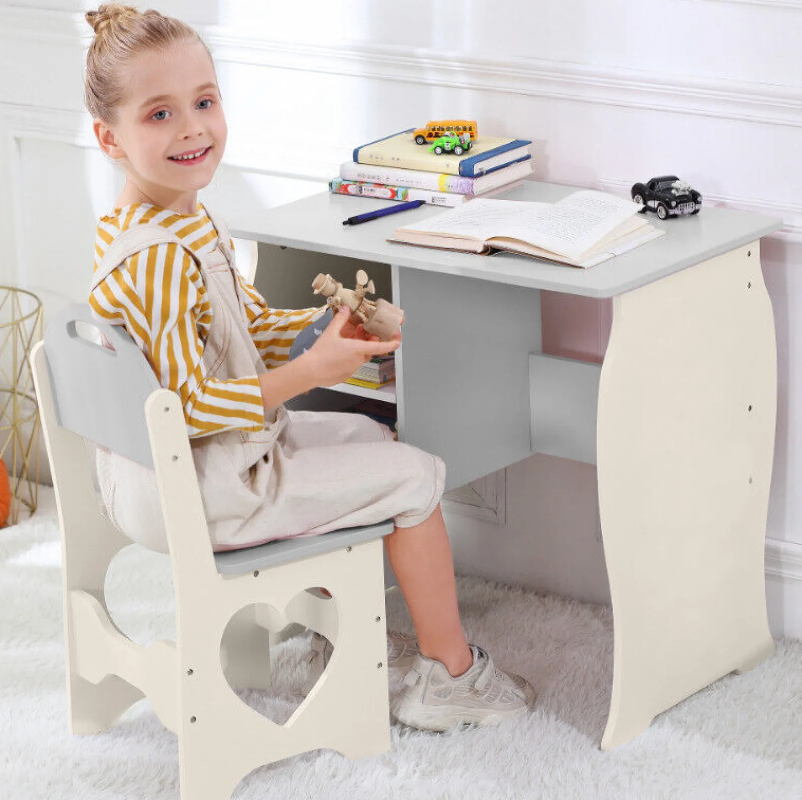 Kinder Little Helper Montessori Sweetheart Hausaufgabenpult für Kinder | Bücherregal | Aufbewahrung & Hocker | Creme & Grau | 3-10 Jahre