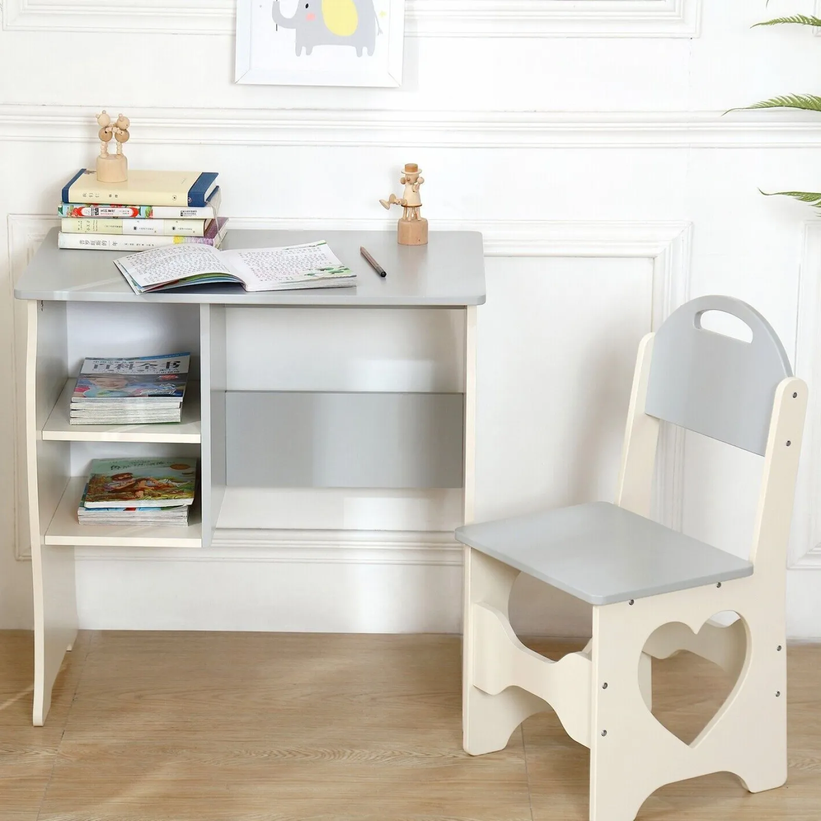 Kinder Little Helper Montessori Sweetheart Hausaufgabenpult für Kinder | Bücherregal | Aufbewahrung & Hocker | Creme & Grau | 3-10 Jahre