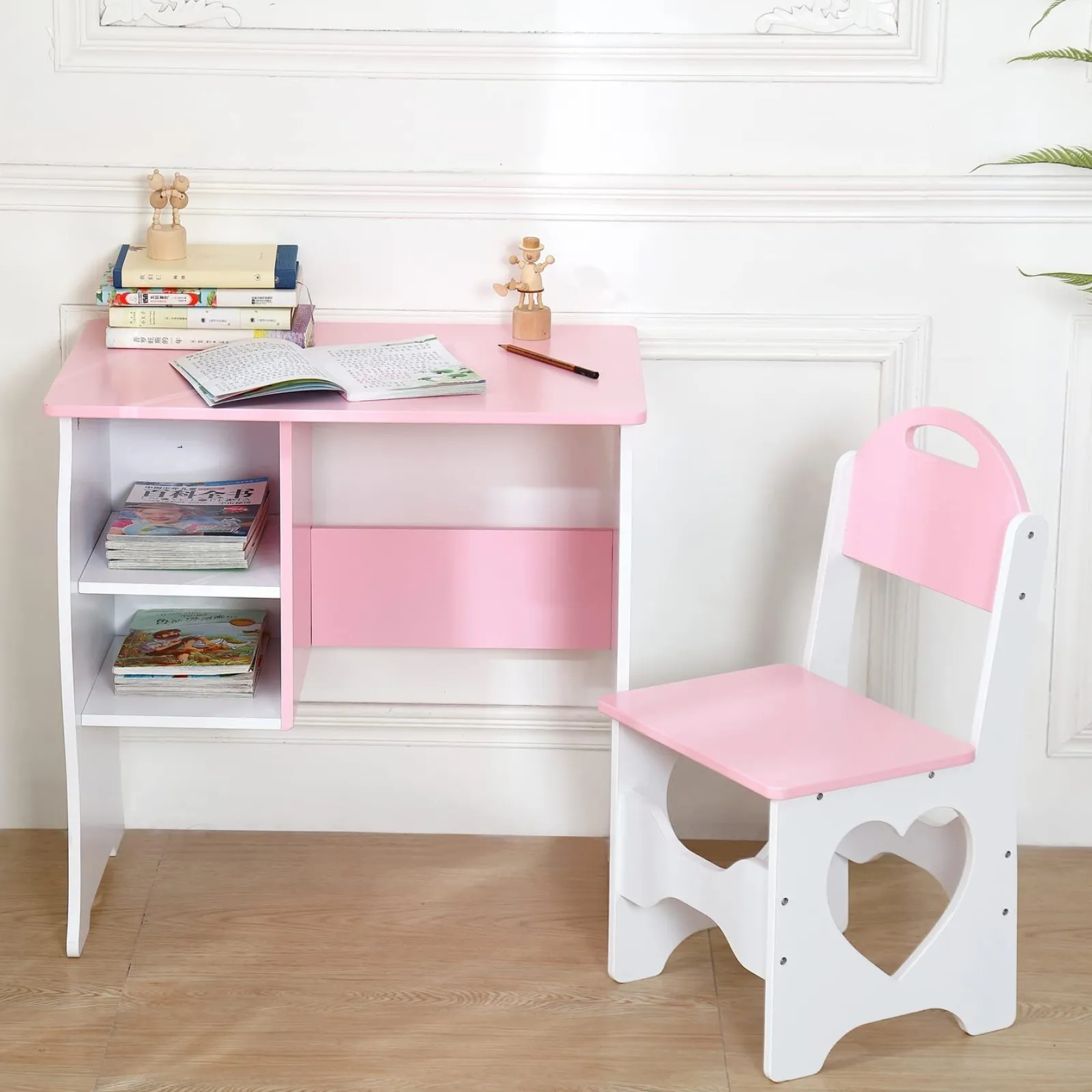 Kinder Little Helper Montessori Sweetheart Hausaufgabentisch für Kinder | Bücherregal | Aufbewahrung & Hocker | Rosa & Weiß | 3-10 Jahre