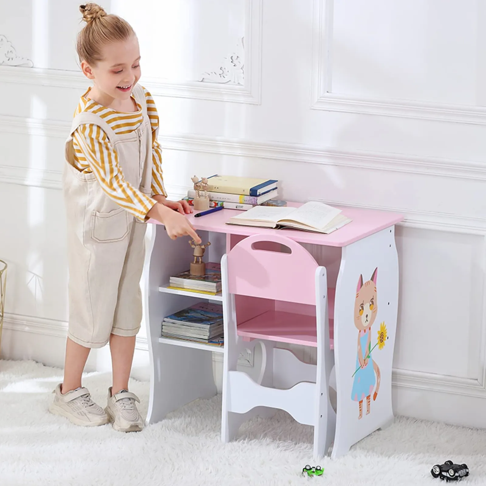 Kinder Little Helper Montessori Sweetheart Hausaufgabentisch für Kinder | Bücherregal | Aufbewahrung & Hocker | Rosa & Weiß | 3-10 Jahre