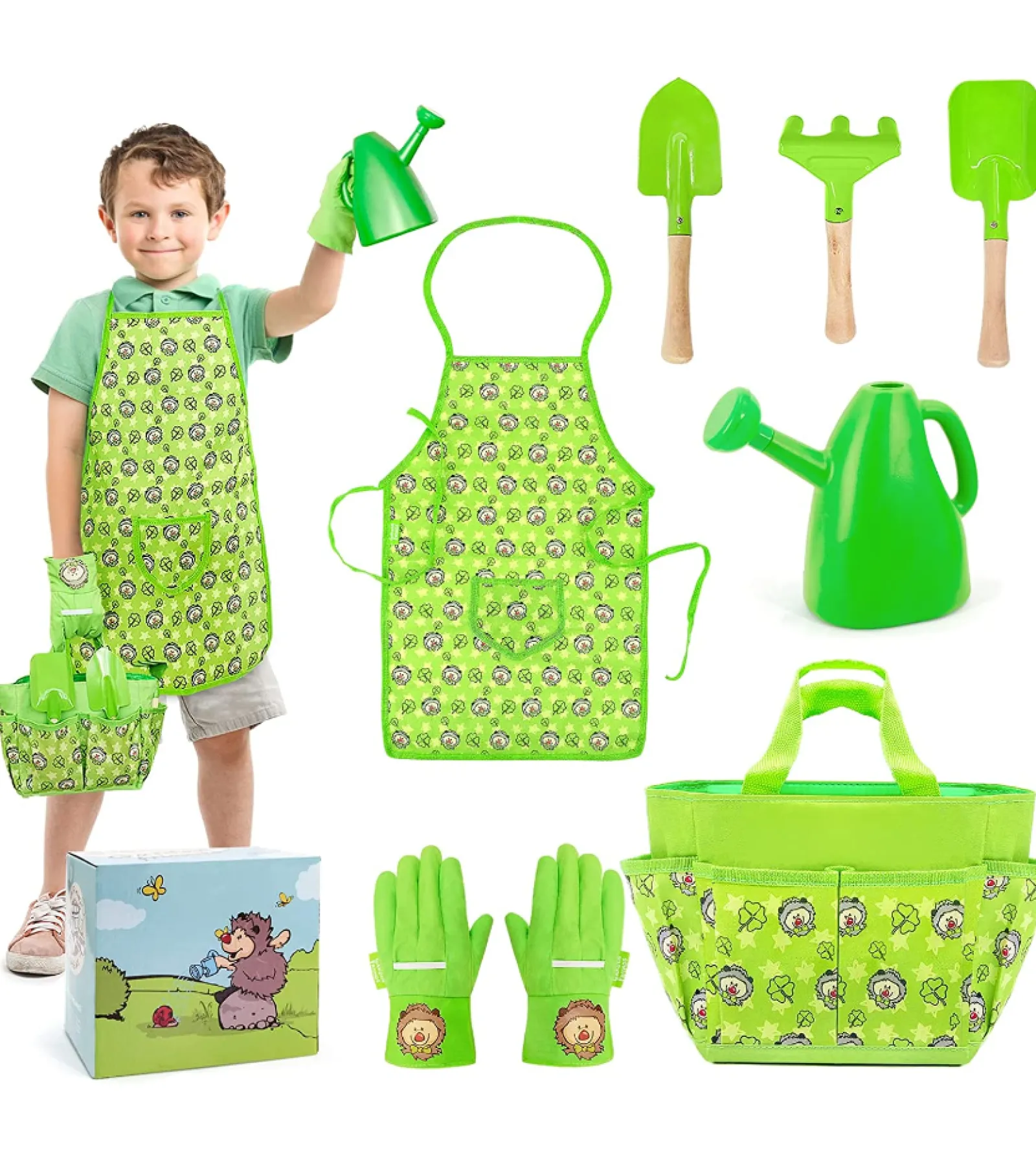 Little Helper Montessori 7-teiliges Sandkasten-Set & Gartenspielzeug-Werkzeugset | Schürze | Dose | Handschuhe | Werkzeuge | Ab 3 Jahren