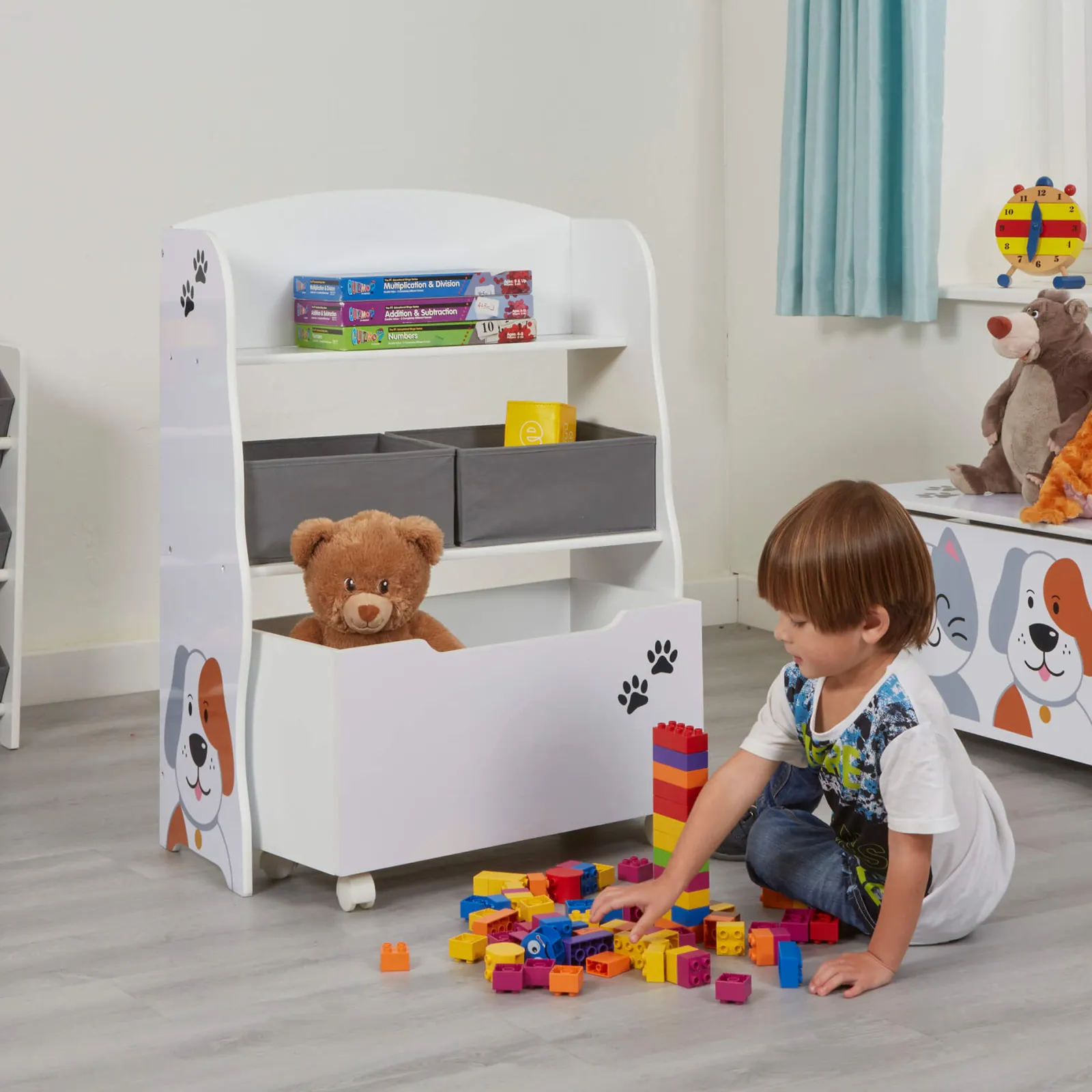 Kinder Little Helper Montessori-Bücherregal und Spielzeugaufbewahrung aus Holz für Kinder | Ausziehbare Schubladen und Boxen | Hunde- und Katzendesign