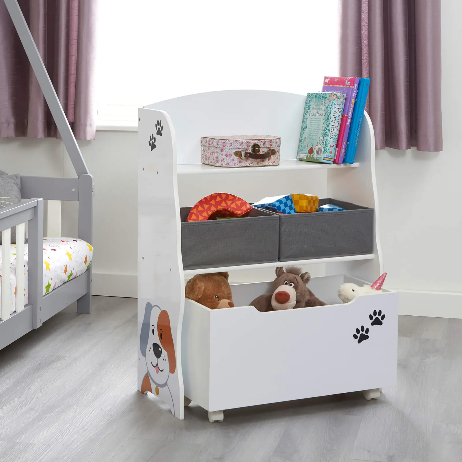Kinder Little Helper Montessori-Bücherregal und Spielzeugaufbewahrung aus Holz für Kinder | Ausziehbare Schubladen und Boxen | Hunde- und Katzendesign