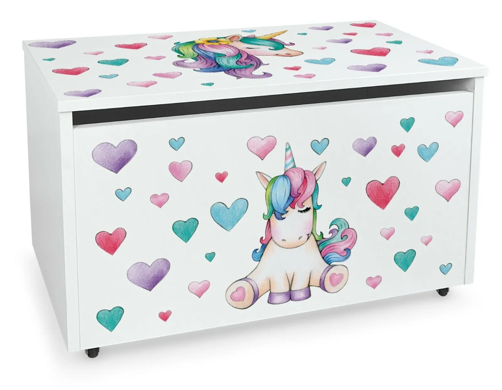 Kinder Little Helper Montessori-Einhorn-Spielzeugkiste mit langsam schließendem Sicherheitsscharnier | Weiß | Pastellfarben | H: 46 x B: 71,5 x T: 40 cm