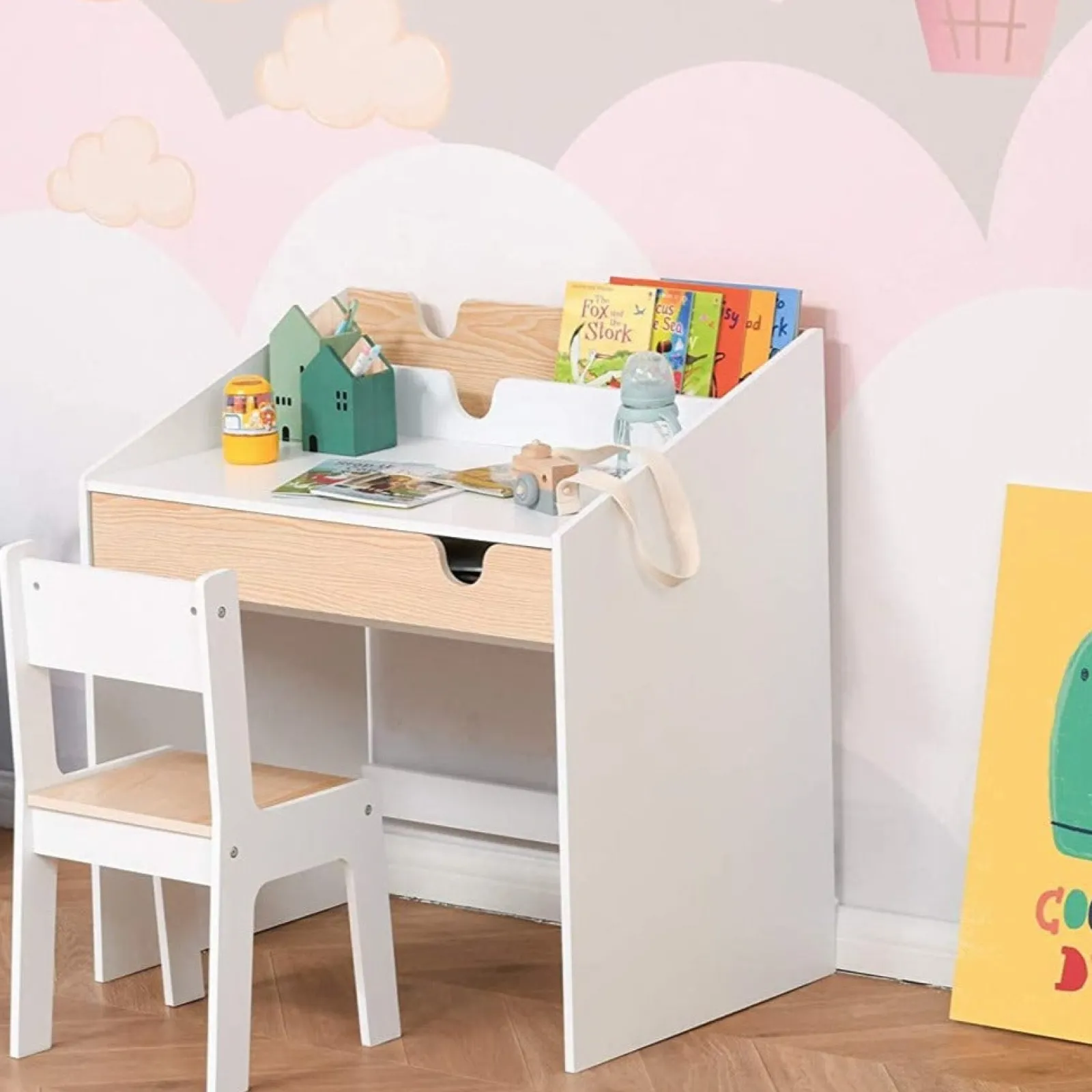 Kinder Little Helper Montessori-Hausaufgabenschreibtisch für Kinder | Bücherregal | Aufbewahrung & Stuhl | Natur & Weiß | 3-8 Jahre