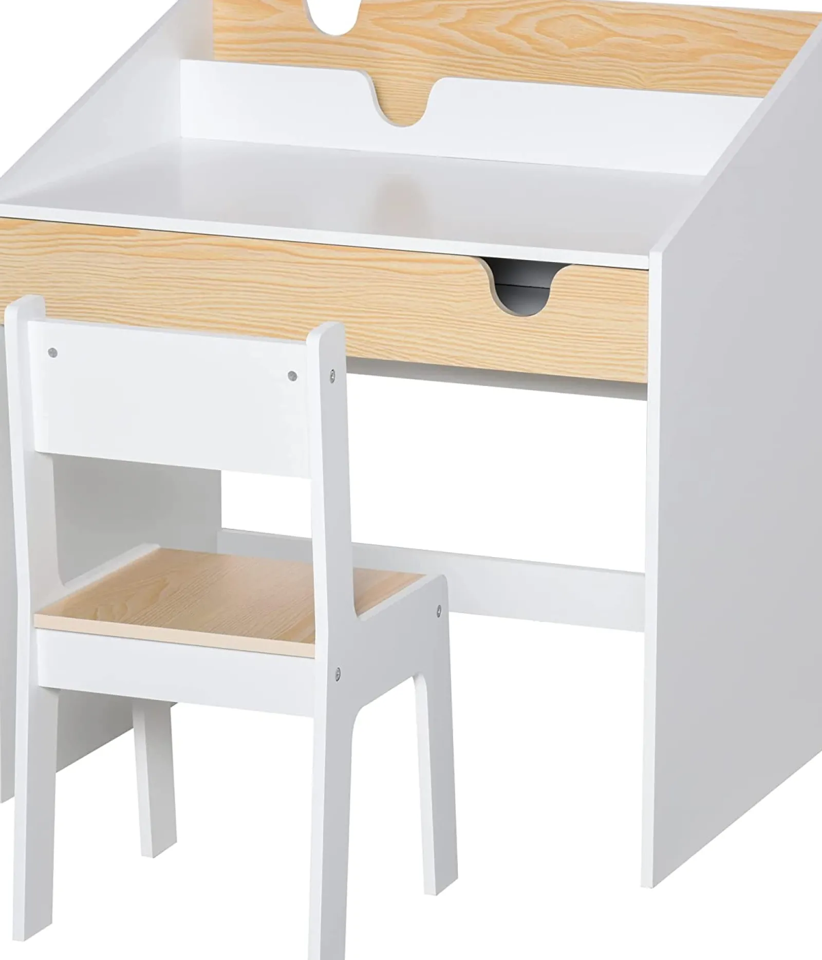 Kinder Little Helper Montessori-Hausaufgabenschreibtisch für Kinder | Bücherregal | Aufbewahrung & Stuhl | Natur & Weiß | 3-8 Jahre