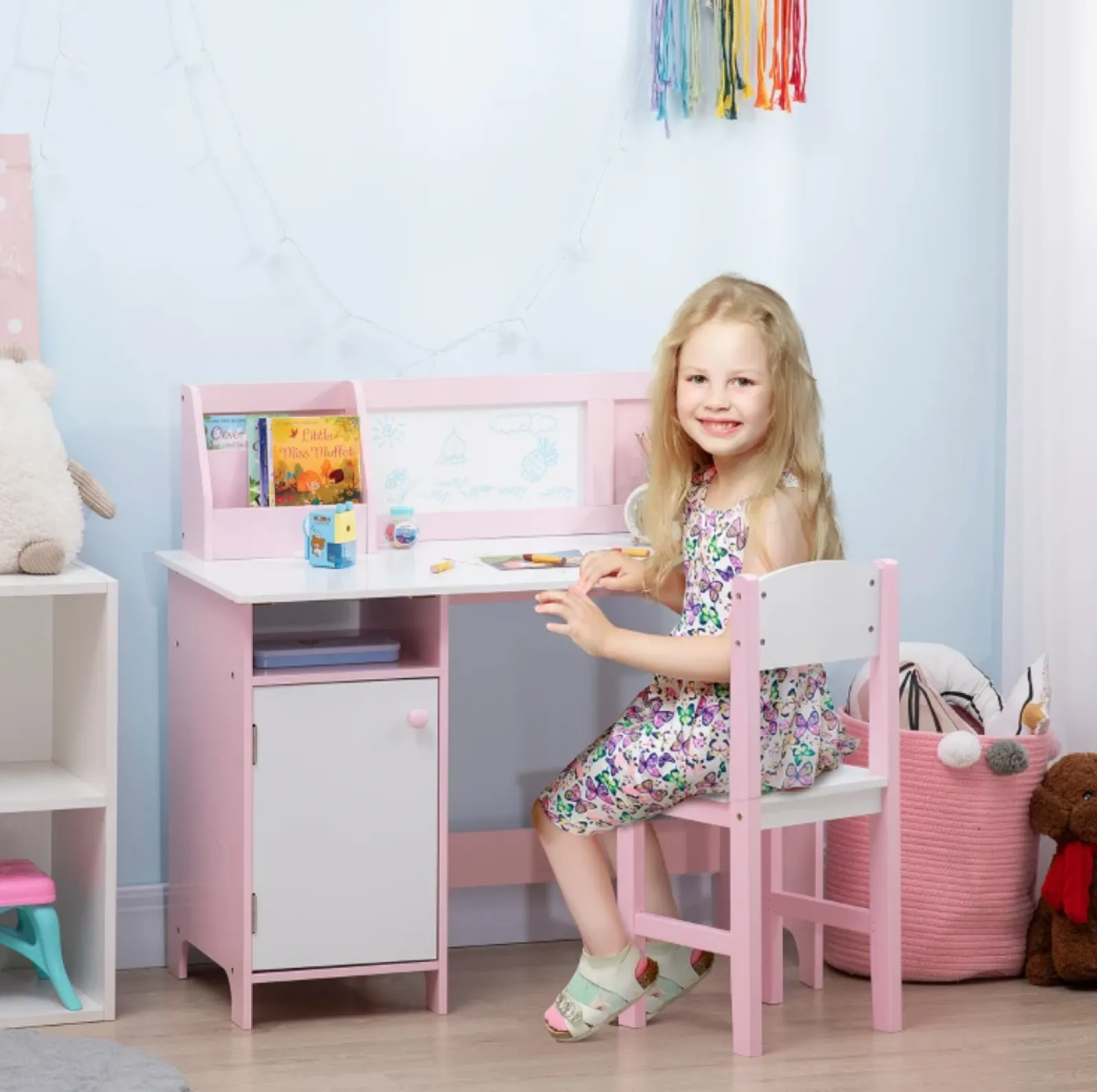 Kinder Little Helper Montessori-Hausaufgabenschreibtisch für Kinder | Bücherregal | Aufbewahrung & Stuhl | Rosa & Weiß | 3-8 Jahre
