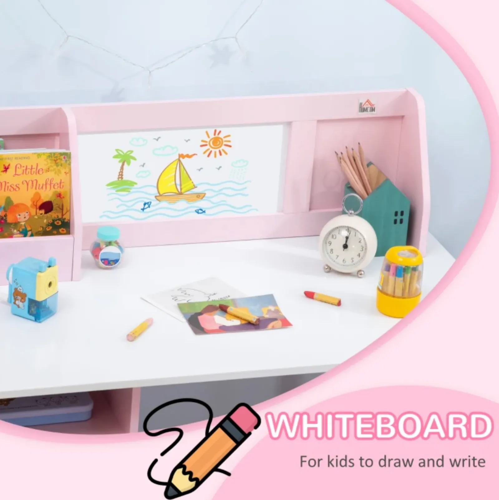 Kinder Little Helper Montessori-Hausaufgabenschreibtisch für Kinder | Bücherregal | Aufbewahrung & Stuhl | Rosa & Weiß | 3-8 Jahre