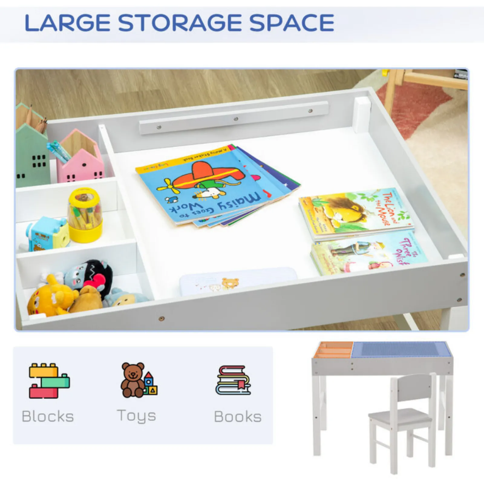 Kinder Little Helper Montessori-Hausaufgabentisch | Wendbare Platte | Lego-Brett | Aufbewahrung & Stuhl | Weiß & Grau | Ab 3 Jahren