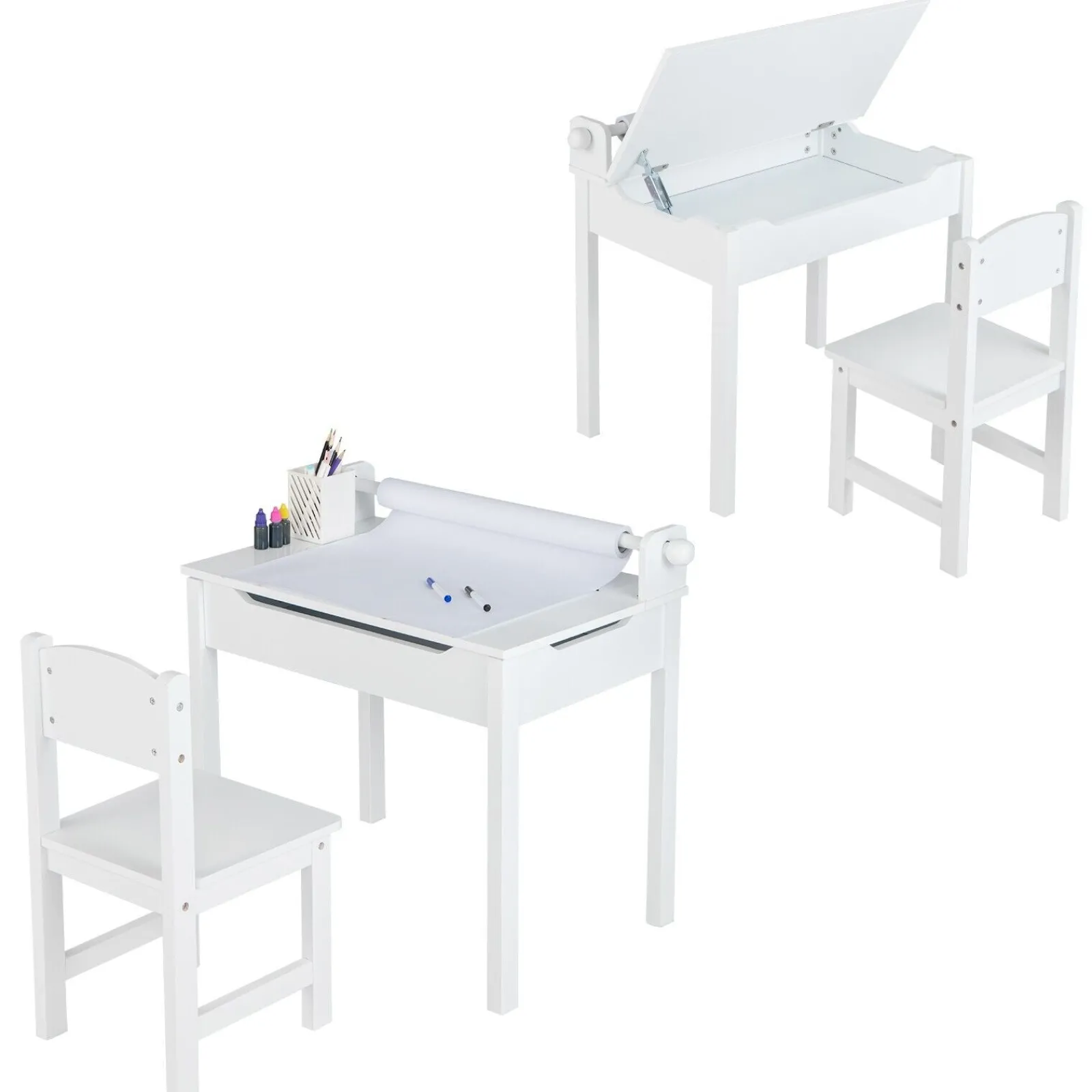 Kinder Little Helper Montessori-Hausaufgabentisch für Kinder und ergonomischer Stuhl zur Wirbelsäulenunterstützung | Papierrolle | Weiß | Ab 3 Jahren