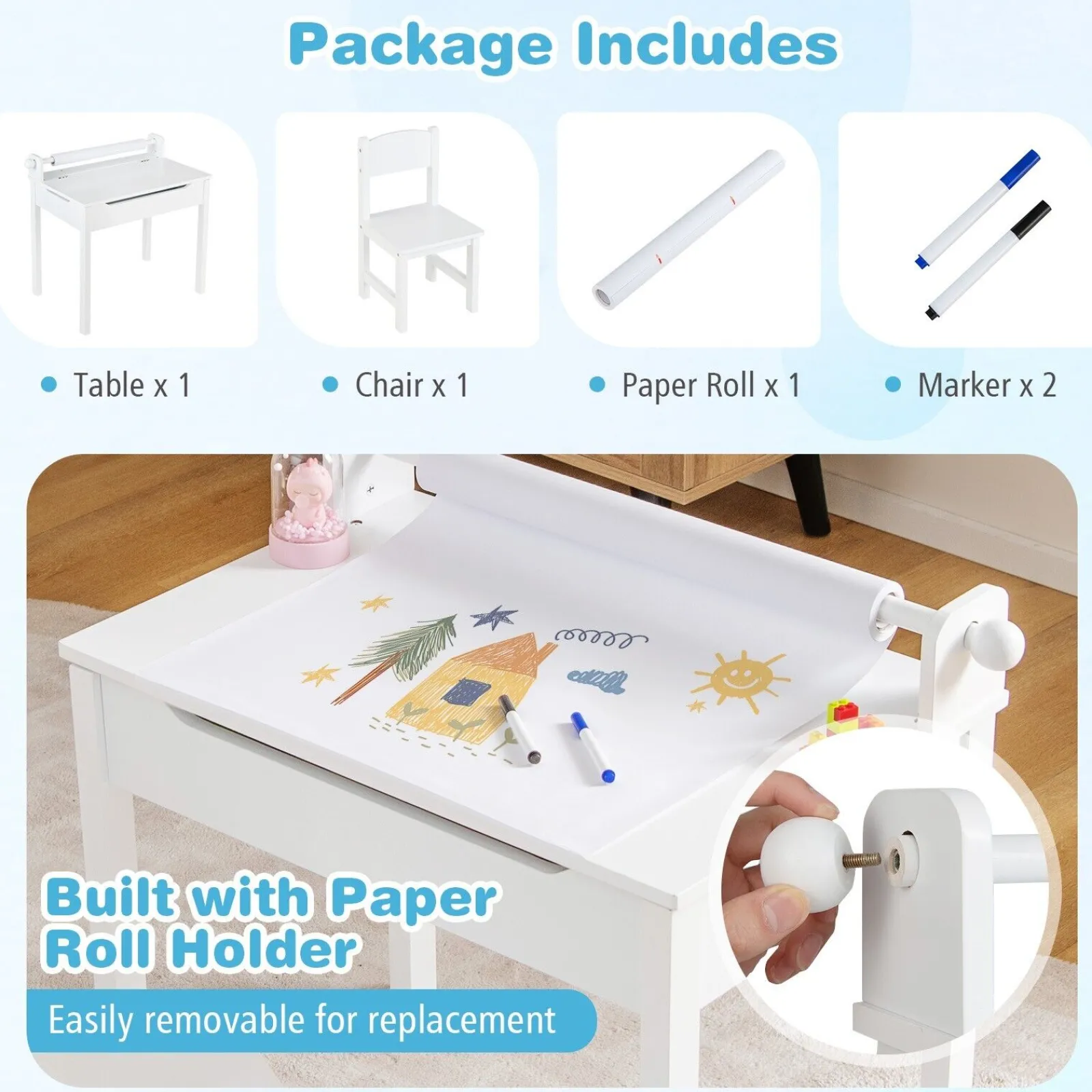 Kinder Little Helper Montessori-Hausaufgabentisch für Kinder und ergonomischer Stuhl zur Wirbelsäulenunterstützung | Papierrolle | Weiß | Ab 3 Jahren