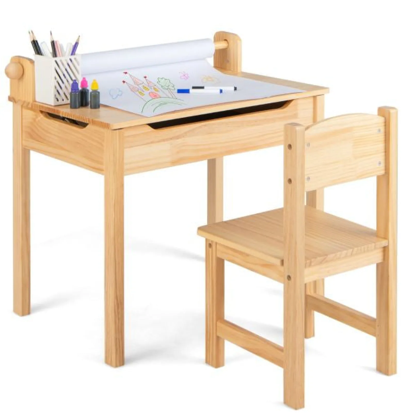 Kinder Little Helper Montessori-Hausaufgabentisch für Kinder und ergonomischer Stuhl zur Wirbelsäulenunterstützung | Papierrolle | Weiß | Ab 3 Jahren