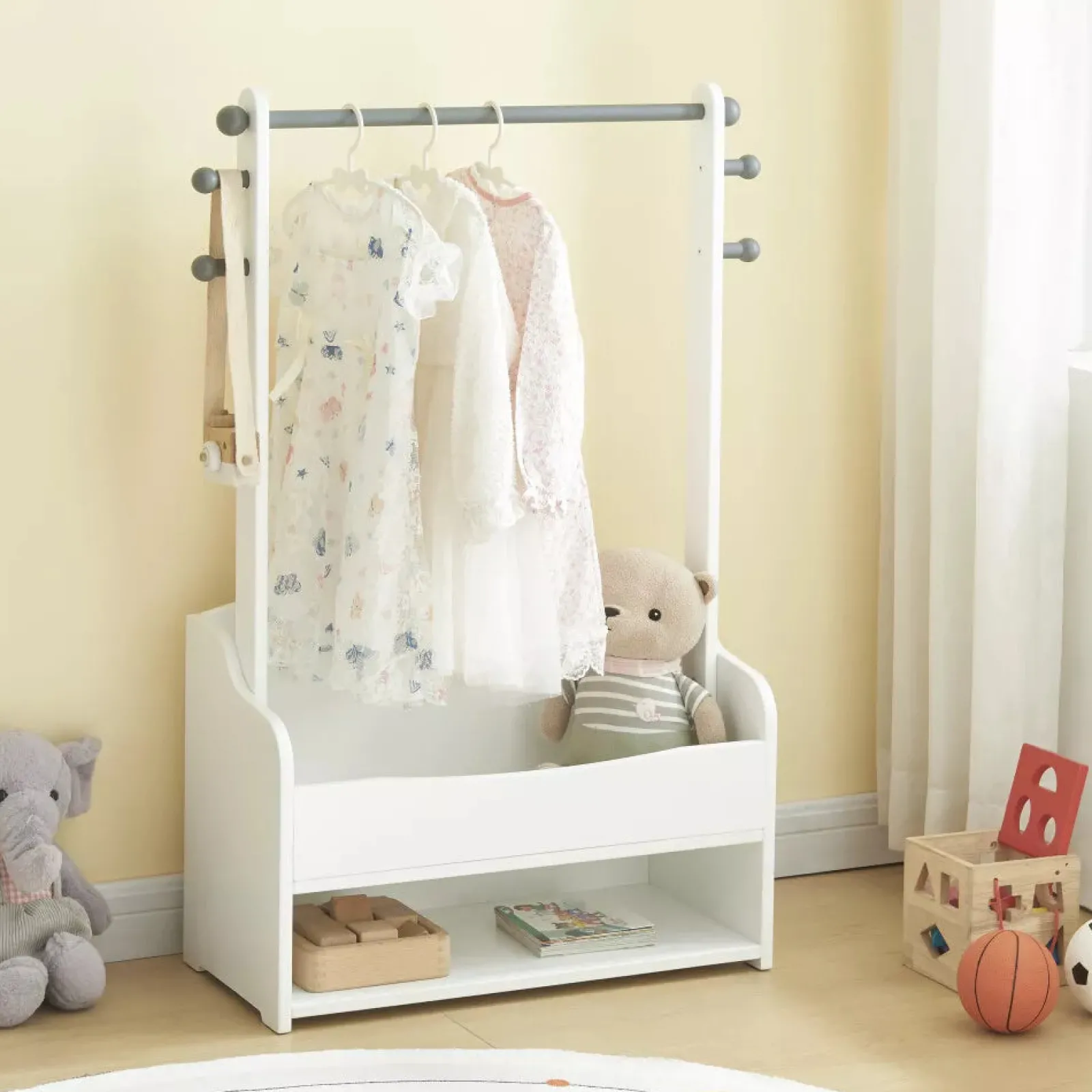 Kinder Little Helper Montessori-Kleiderstange für Kinder | Kleiderstange zum Anziehen für Kinder | mit Stauraum | Weiß und Grau
