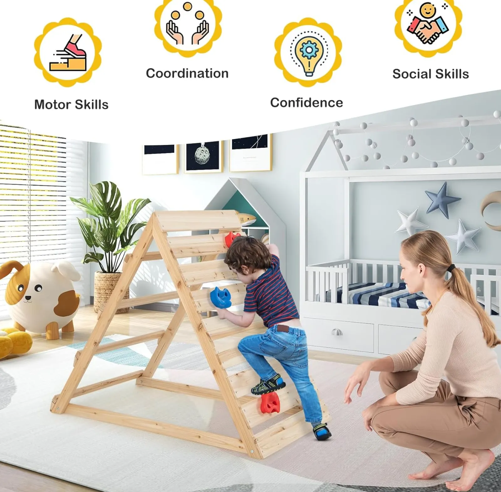 Kinder Little Helper Montessori-Klettergerüst | Pikler-Dreieck | Kletterwand Und Höhle Für Kleinkinder Aus Öko-Holz | 3-8 Jahre