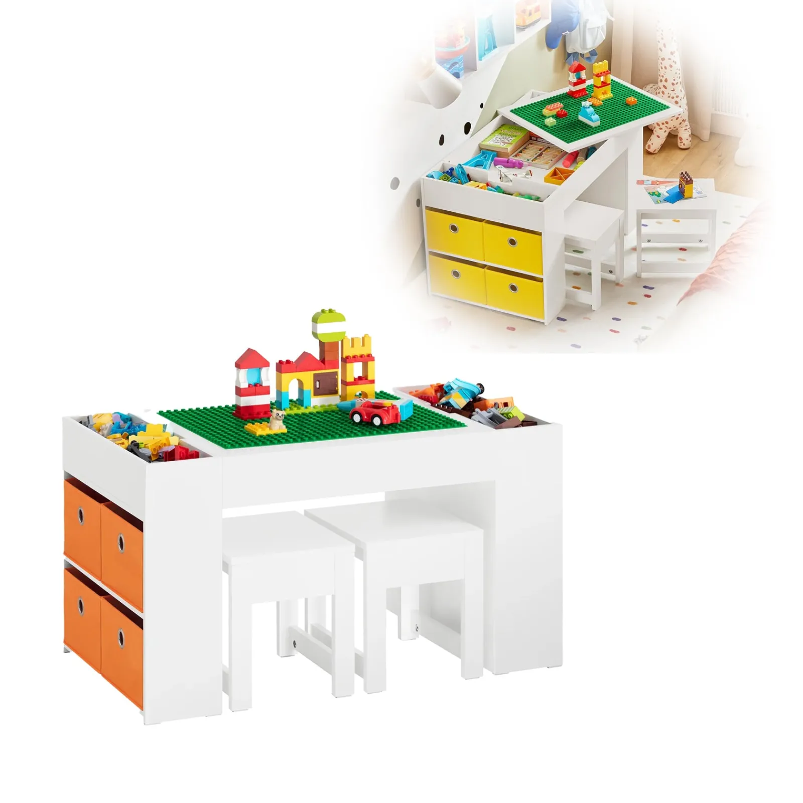 Kinder Little Helper Montessori-Kunsttisch und 2 Hocker im Set | 8 Aufbewahrungsboxen | Wendbarer Lego-Tisch für den Schreibtisch | Weiß | Ab 3 Jahren