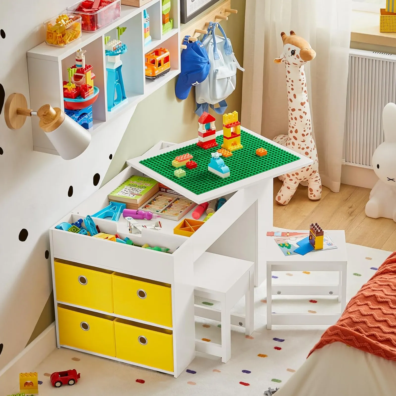 Kinder Little Helper Montessori-Kunsttisch und 2 Hocker im Set | 8 Aufbewahrungsboxen | Wendbarer Lego-Tisch für den Schreibtisch | Weiß | Ab 3 Jahren