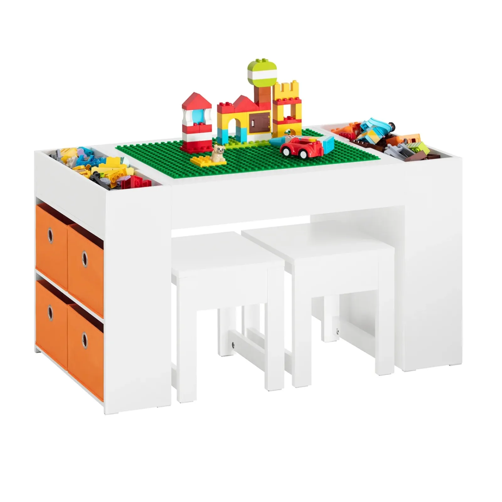 Kinder Little Helper Montessori-Kunsttisch und 2 Hocker im Set | 8 Aufbewahrungsboxen | Wendbarer Lego-Tisch für den Schreibtisch | Weiß | Ab 3 Jahren