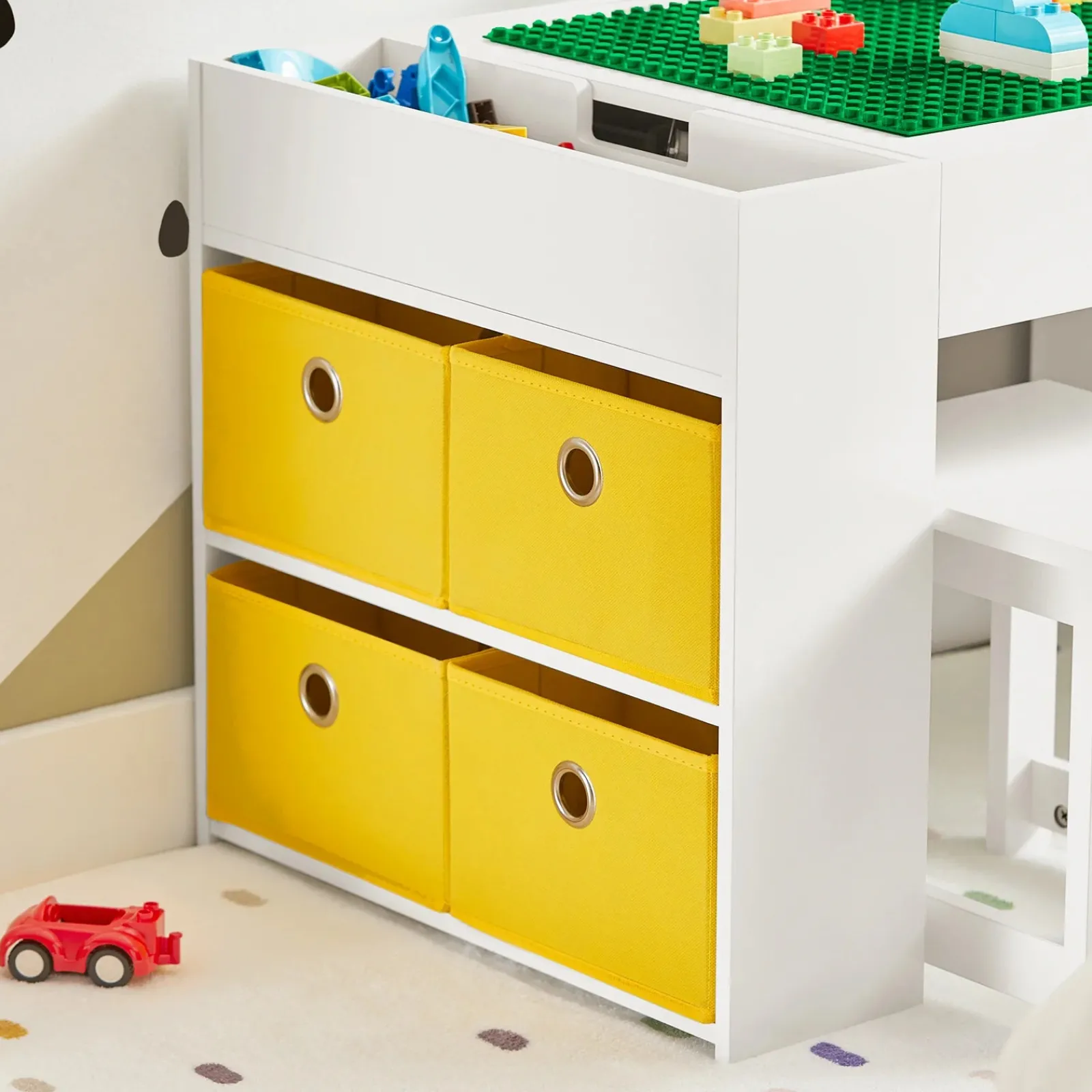 Kinder Little Helper Montessori-Kunsttisch und 2 Hocker im Set | 8 Aufbewahrungsboxen | Wendbarer Lego-Tisch für den Schreibtisch | Weiß | Ab 3 Jahren