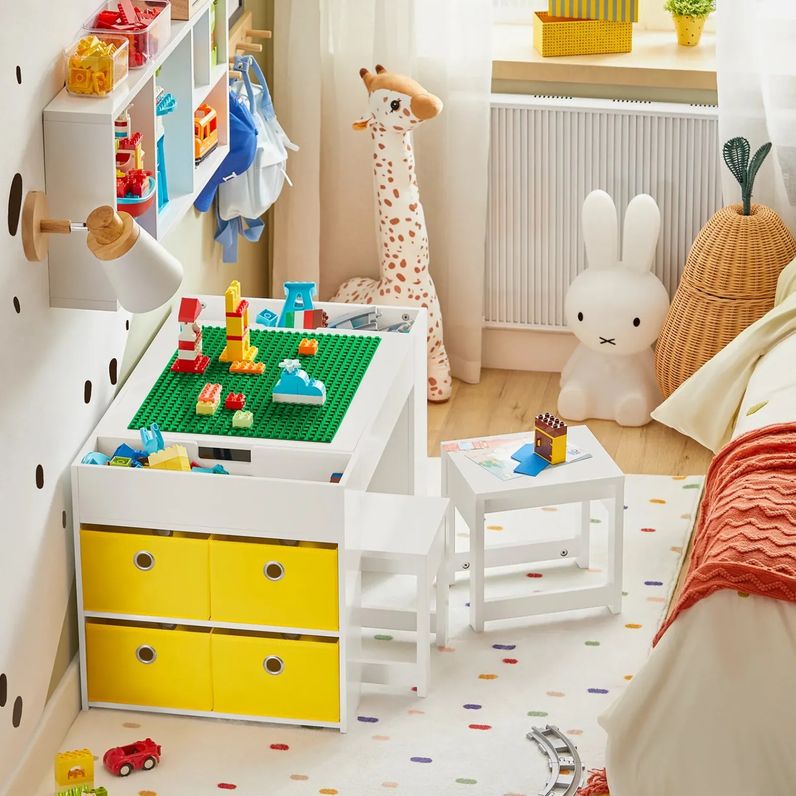 Kinder Little Helper Montessori-Kunsttisch und 2 Hocker im Set | 8 Aufbewahrungsboxen | Wendbarer Lego-Tisch für den Schreibtisch | Weiß | Ab 3 Jahren