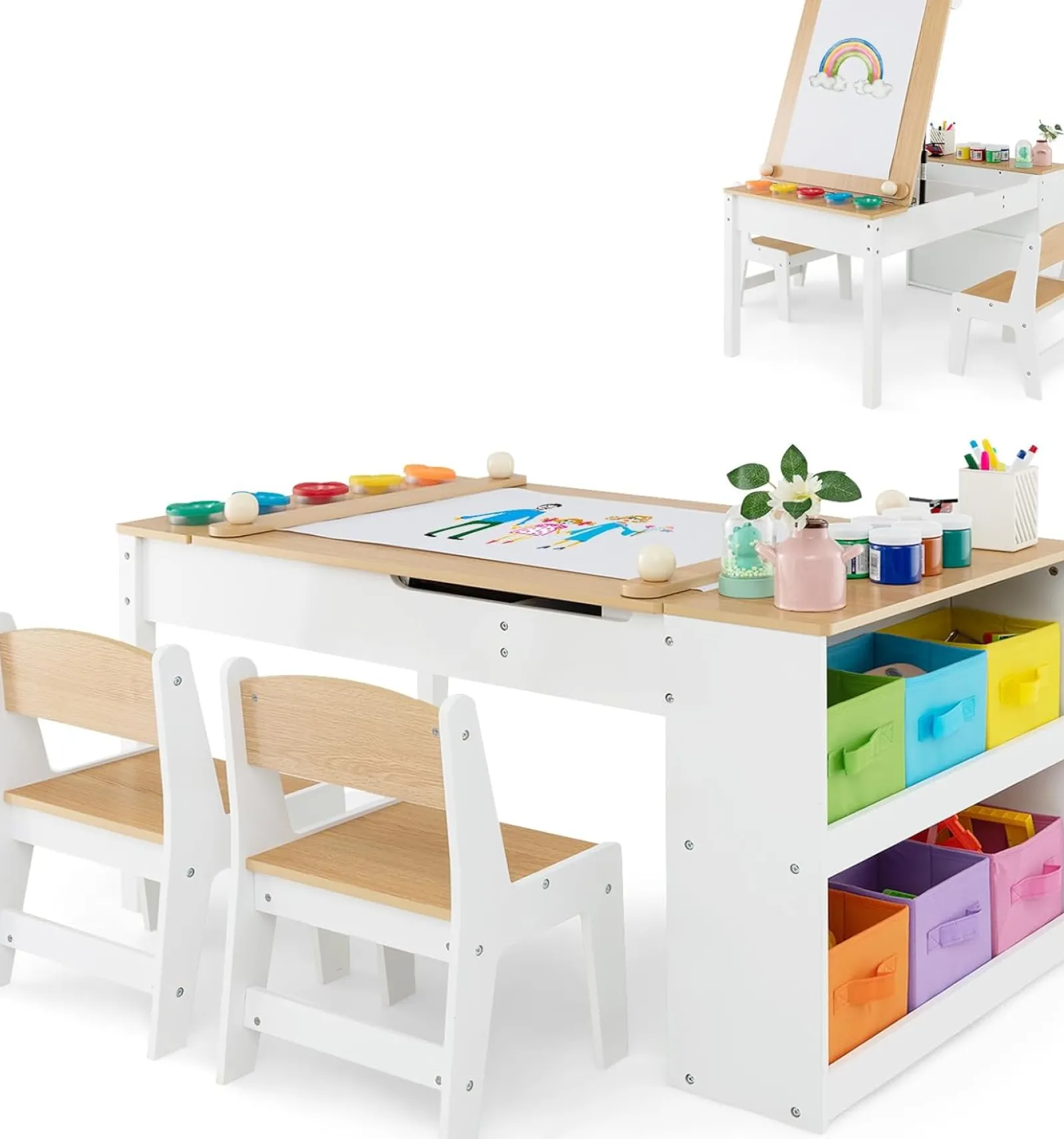 Kinder Little Helper Montessori-Kunsttisch Und 2 Stühle Im Set | Staffelei | 6 Aufbewahrungsboxen | Papierrolle | Weiß | Mehrere Schubladen