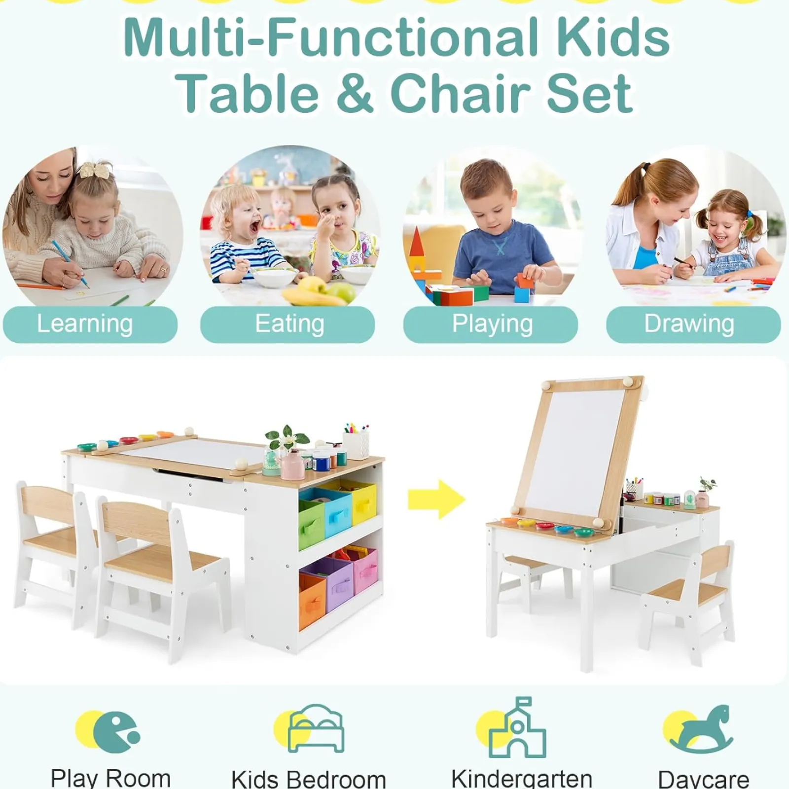 Kinder Little Helper Montessori-Kunsttisch Und 2 Stühle Im Set | Staffelei | 6 Aufbewahrungsboxen | Papierrolle | Weiß | Mehrere Schubladen
