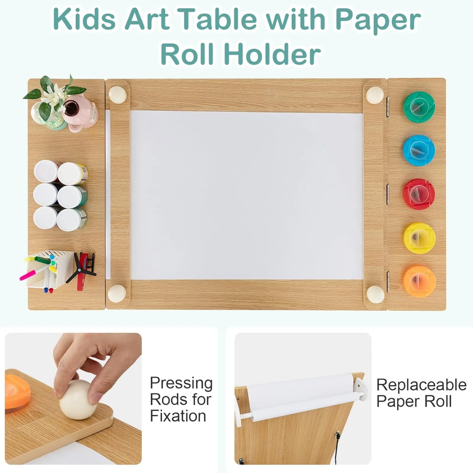 Kinder Little Helper Montessori-Kunsttisch Und 2 Stühle Im Set | Staffelei | 6 Aufbewahrungsboxen | Papierrolle | Weiß | Mehrere Schubladen