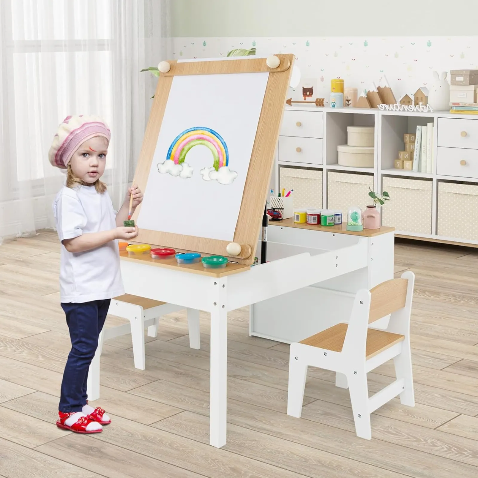 Kinder Little Helper Montessori-Kunsttisch Und 2 Stühle Im Set | Staffelei | 6 Aufbewahrungsboxen | Papierrolle | Weiß | Mehrere Schubladen