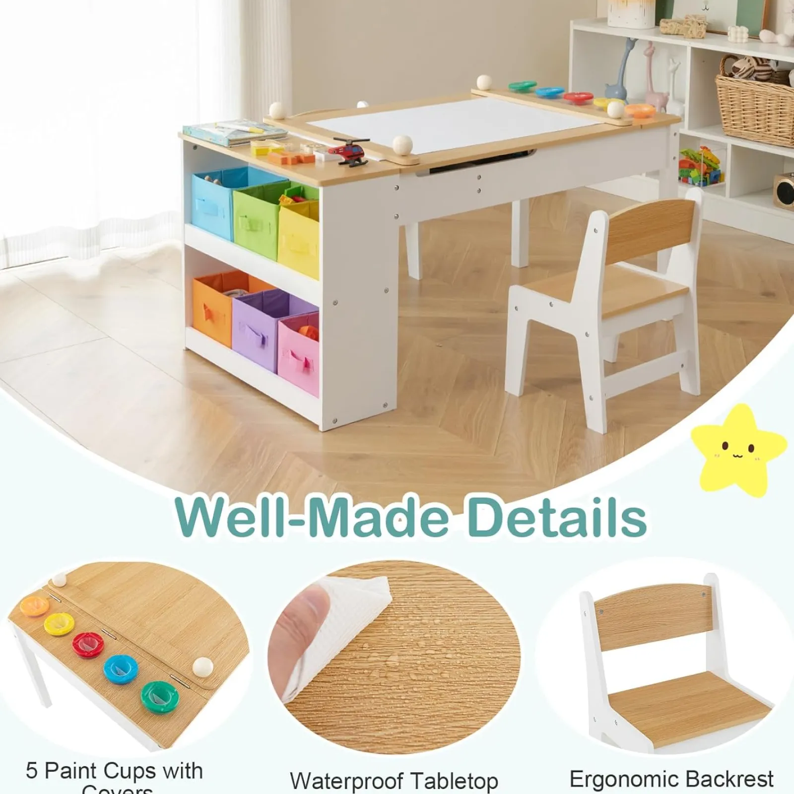 Kinder Little Helper Montessori-Kunsttisch Und 2 Stühle Im Set | Staffelei | 6 Aufbewahrungsboxen | Papierrolle | Weiß | Mehrere Schubladen