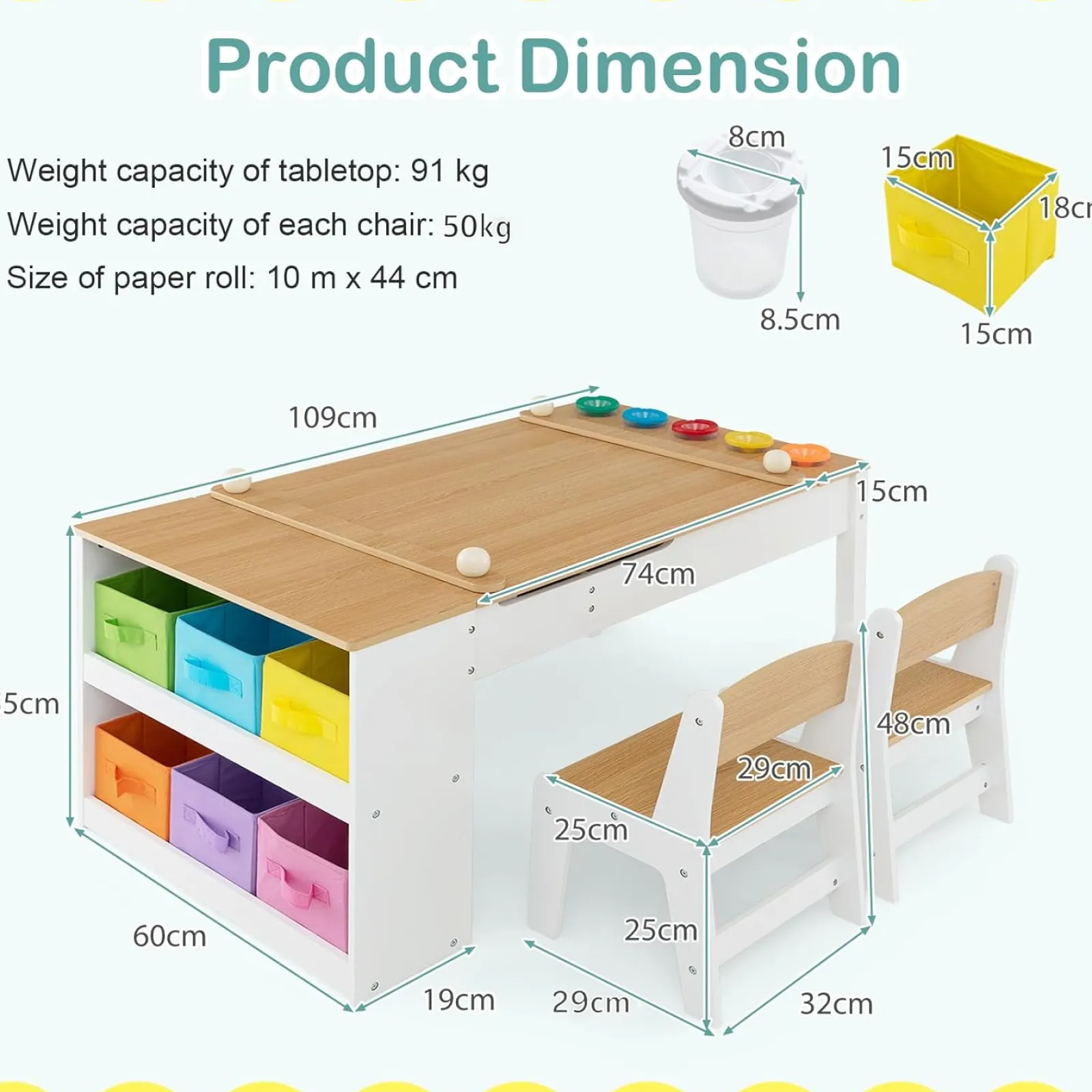 Kinder Little Helper Montessori-Kunsttisch Und 2 Stühle Im Set | Staffelei | 6 Aufbewahrungsboxen | Papierrolle | Weiß | Mehrere Schubladen