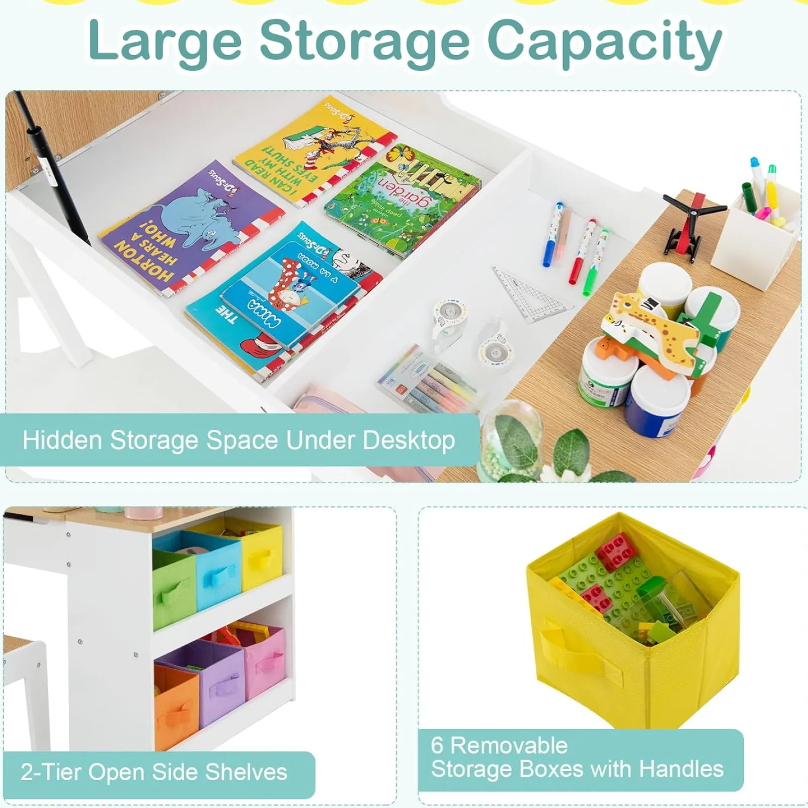 Kinder Little Helper Montessori-Kunsttisch Und 2 Stühle Im Set | Staffelei | 6 Aufbewahrungsboxen | Papierrolle | Weiß | Mehrere Schubladen
