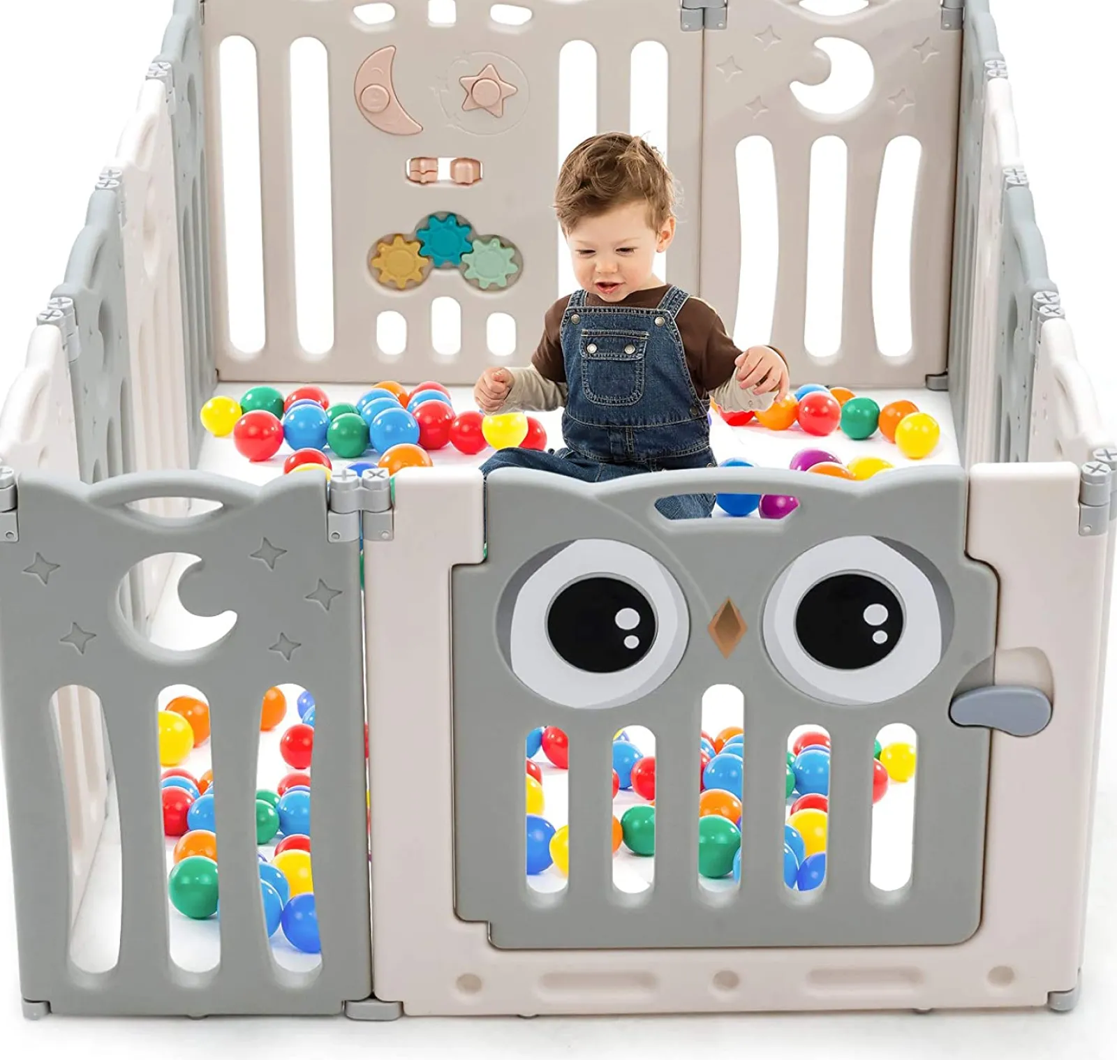 Kinder Little Helper Montessori-Laufstall mit 12 Elementen und Bällebad für Babys mit Aktivitätspanel | Grau und Weiß