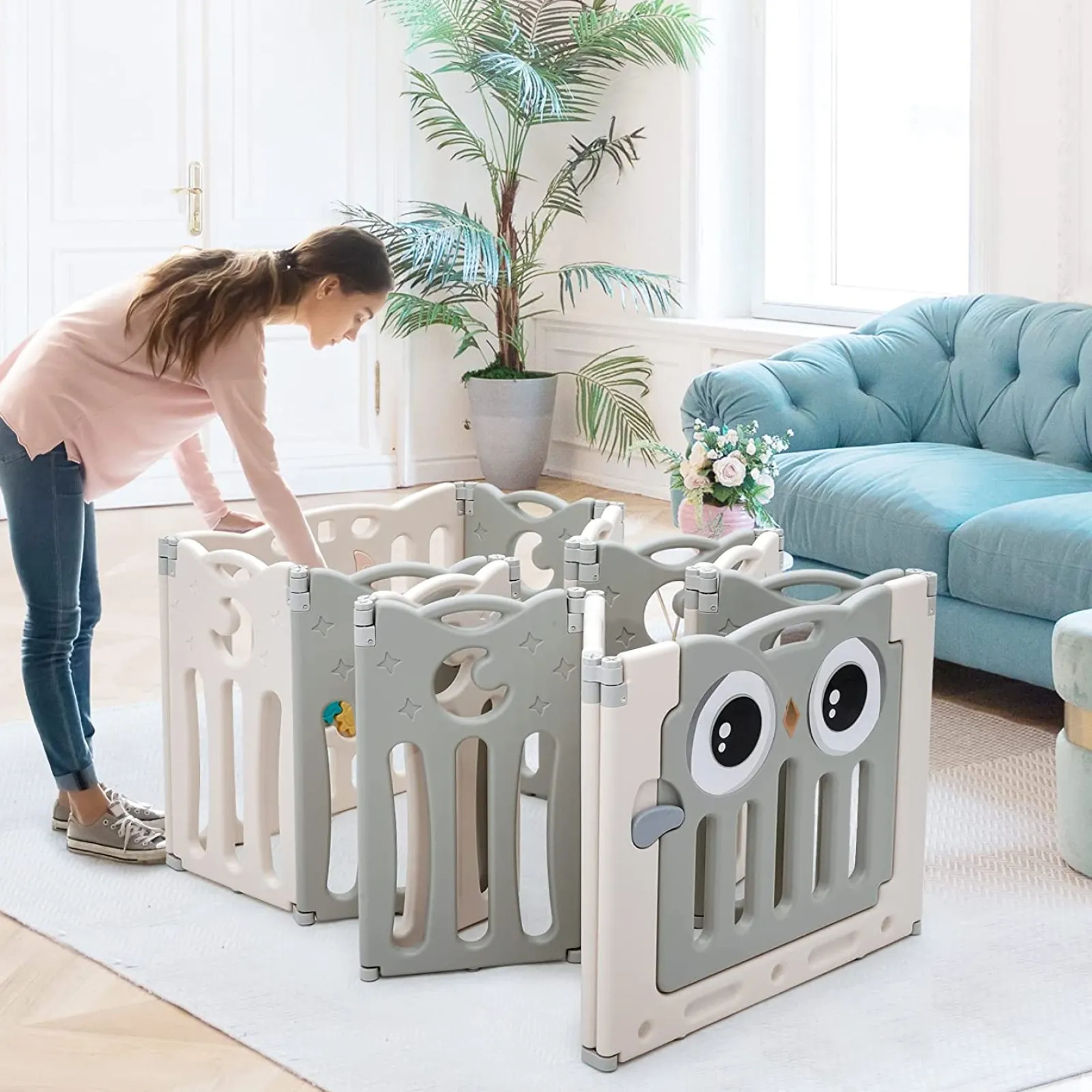 Kinder Little Helper Montessori-Laufstall mit 12 Elementen und Bällebad für Babys mit Aktivitätspanel | Grau und Weiß