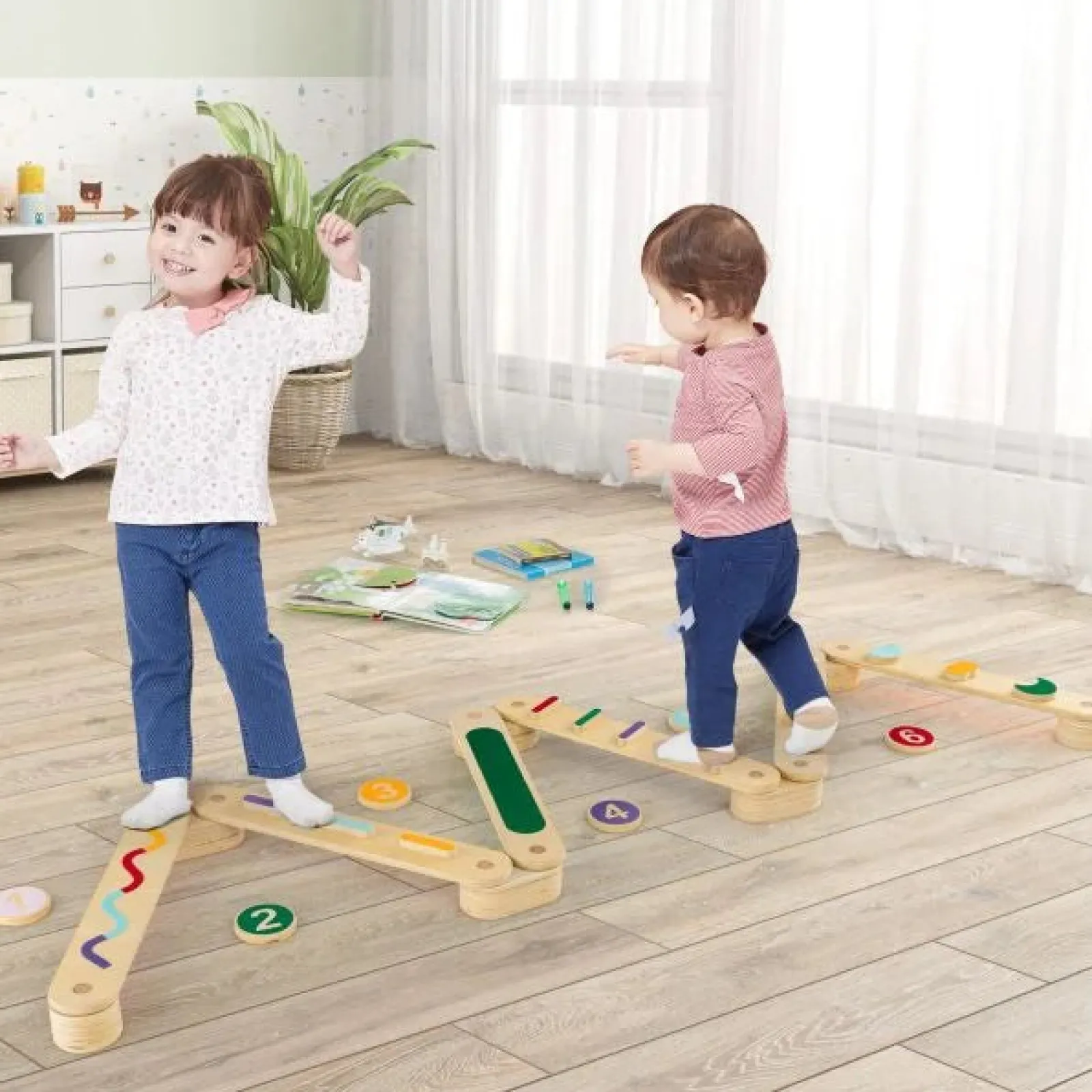 Kinder Little Helper Montessori-Pikler | Hochwertiger Schwebebalken Aus Ökoholz | Trittsteine ​​ | Natur Und Pastell