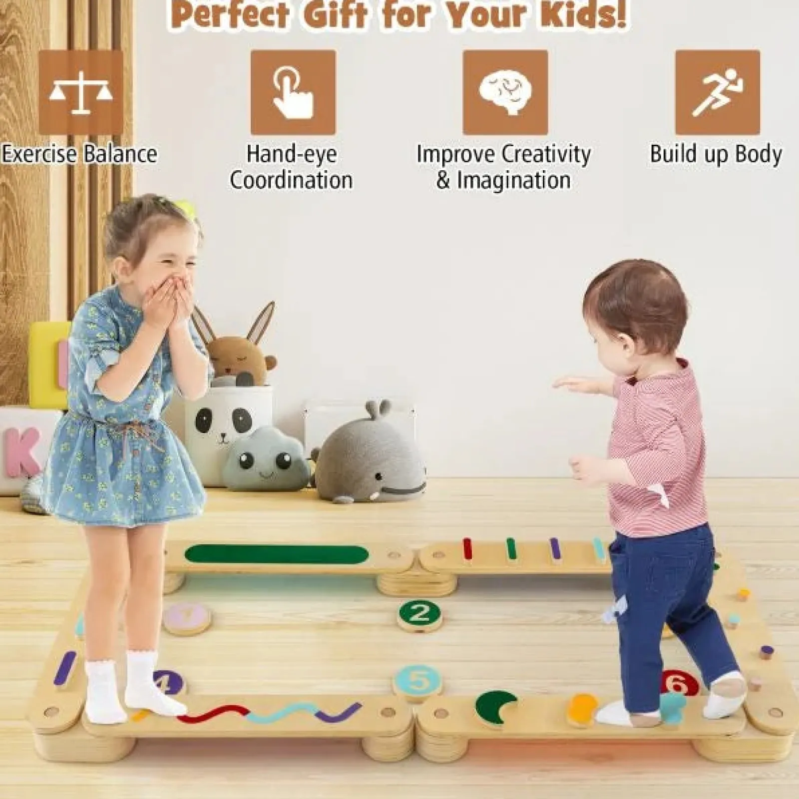 Kinder Little Helper Montessori-Pikler | Hochwertiger Schwebebalken Aus Ökoholz | Trittsteine ​​ | Natur Und Pastell