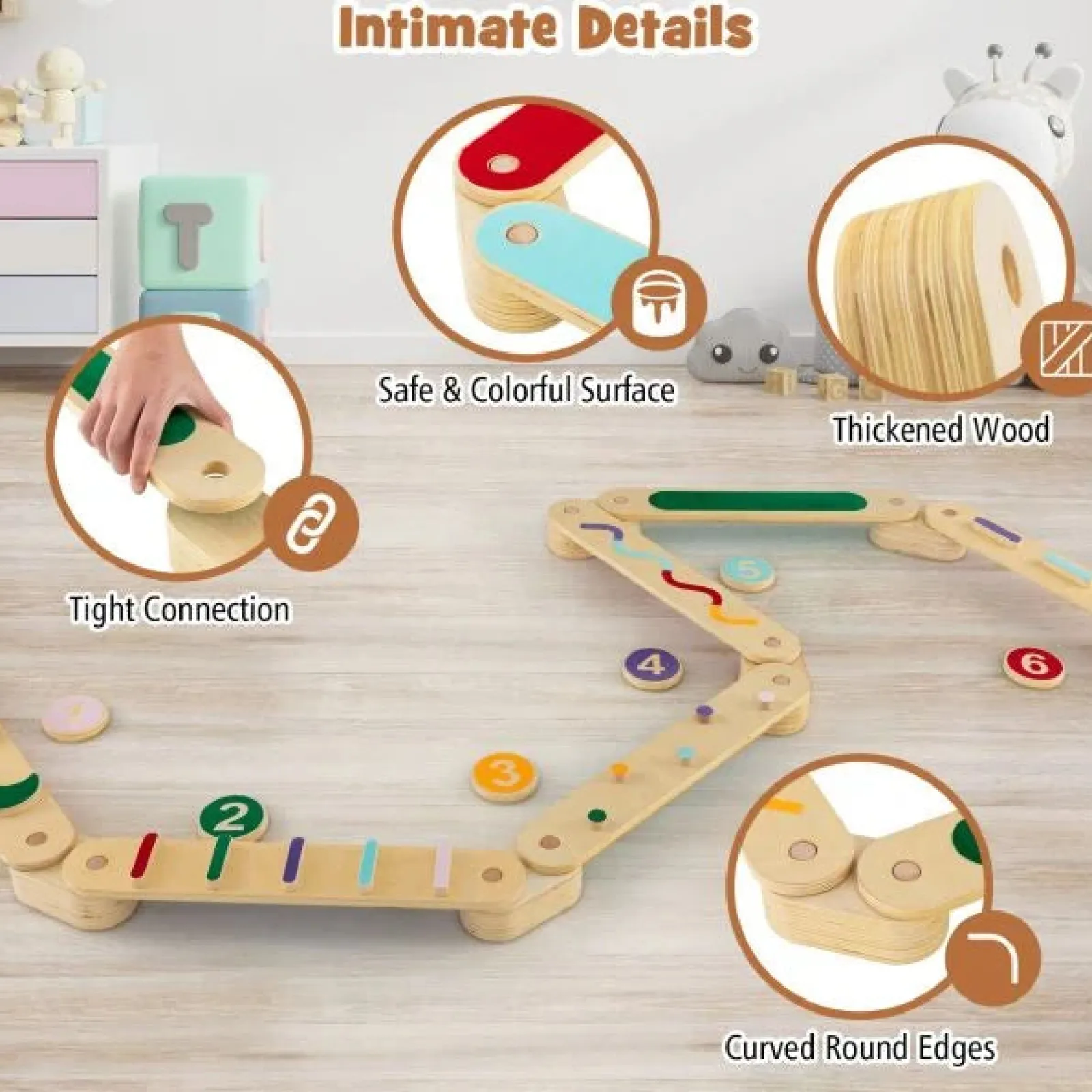 Kinder Little Helper Montessori-Pikler | Hochwertiger Schwebebalken Aus Ökoholz | Trittsteine ​​ | Natur Und Pastell