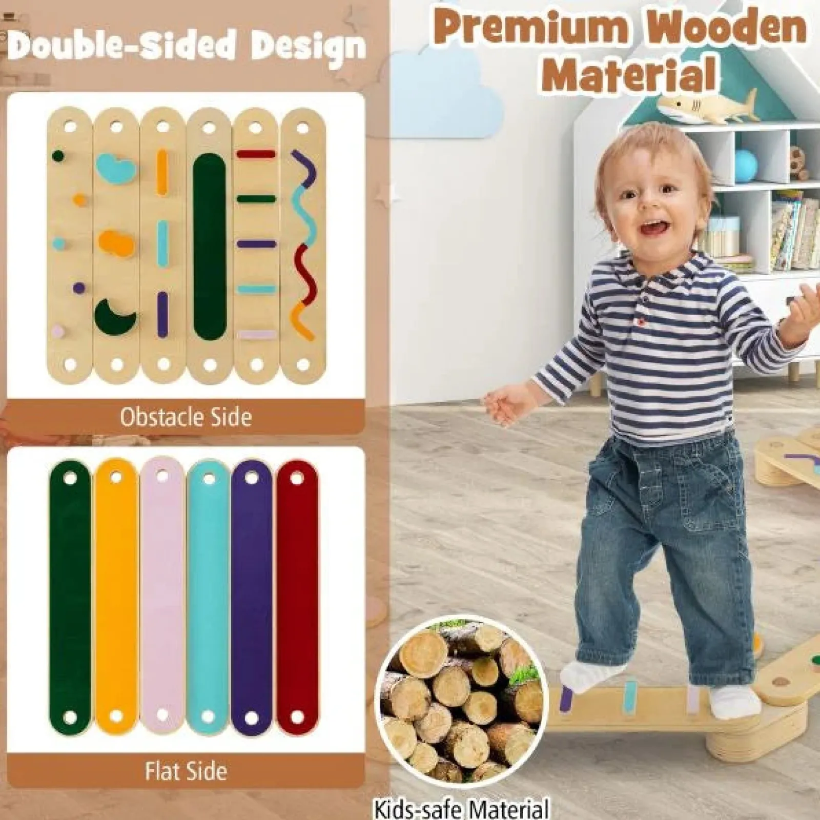 Kinder Little Helper Montessori-Pikler | Hochwertiger Schwebebalken Aus Ökoholz | Trittsteine ​​ | Natur Und Pastell