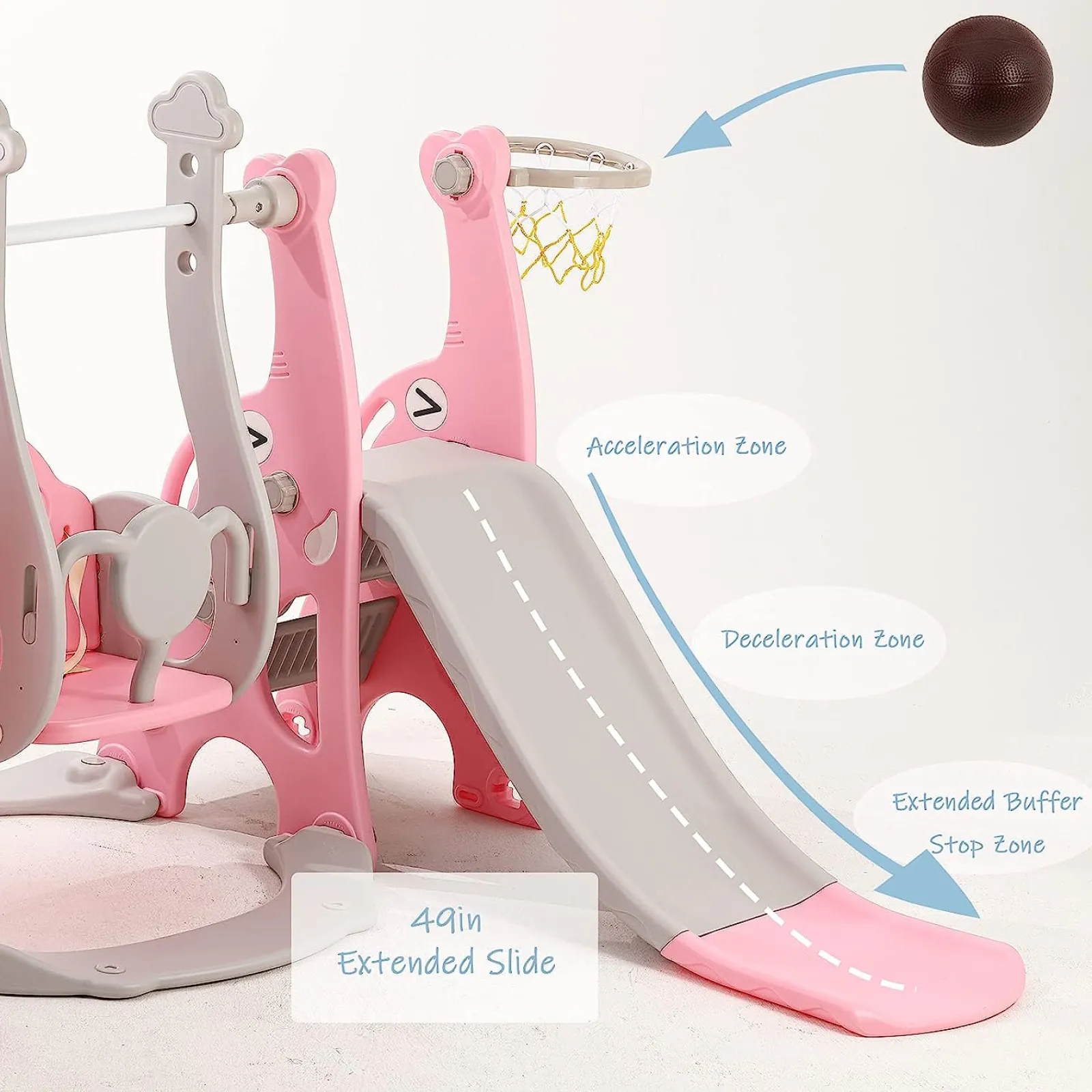 Little Helper Montessori-Schaukel- und Rutschenset für Kinder | Basketballkorb | Drinnen und draußen | Rosa, Grau oder Blau