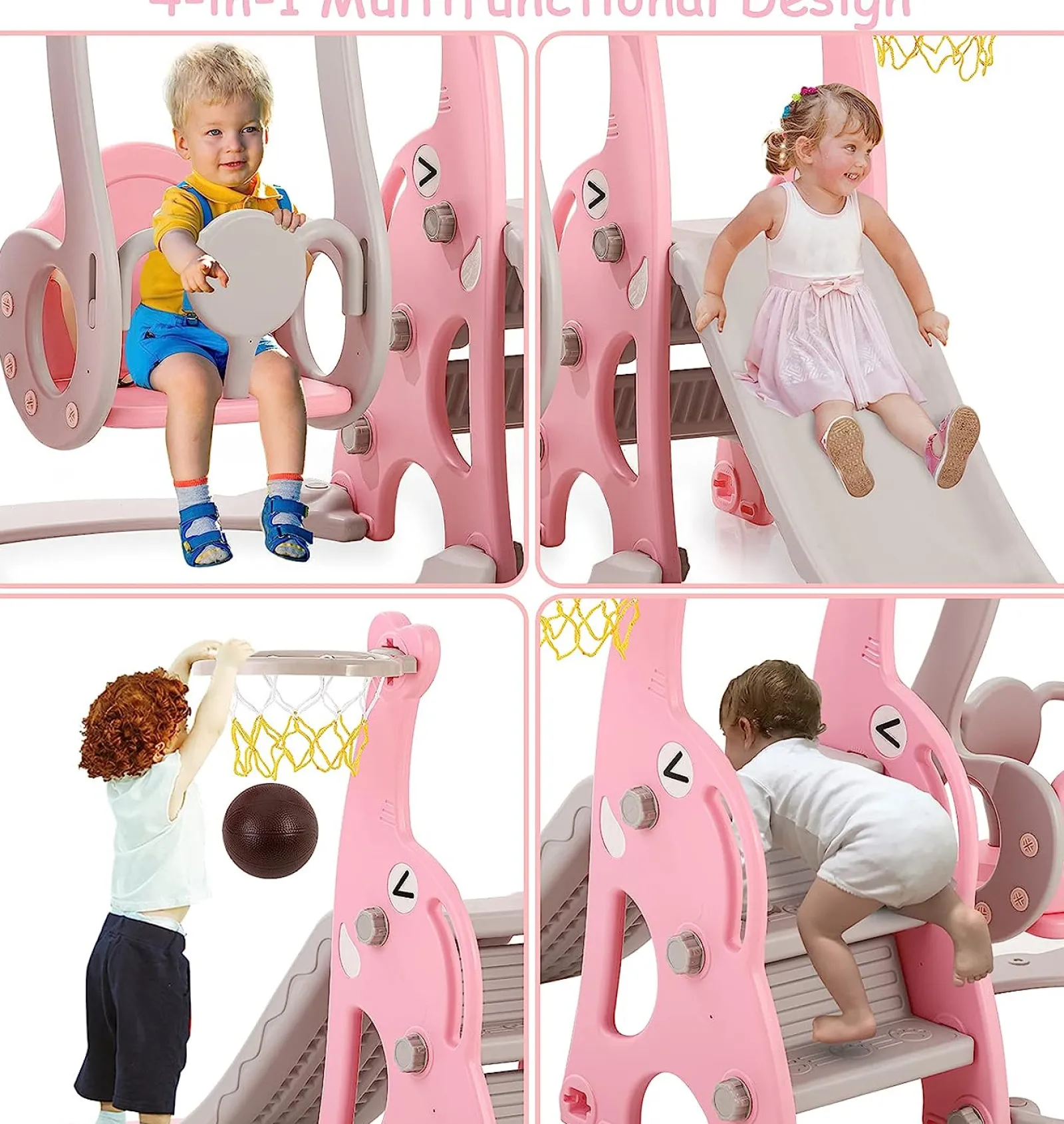 Little Helper Montessori-Schaukel- und Rutschenset für Kinder | Basketballkorb | Drinnen und draußen | Rosa, Grau oder Blau