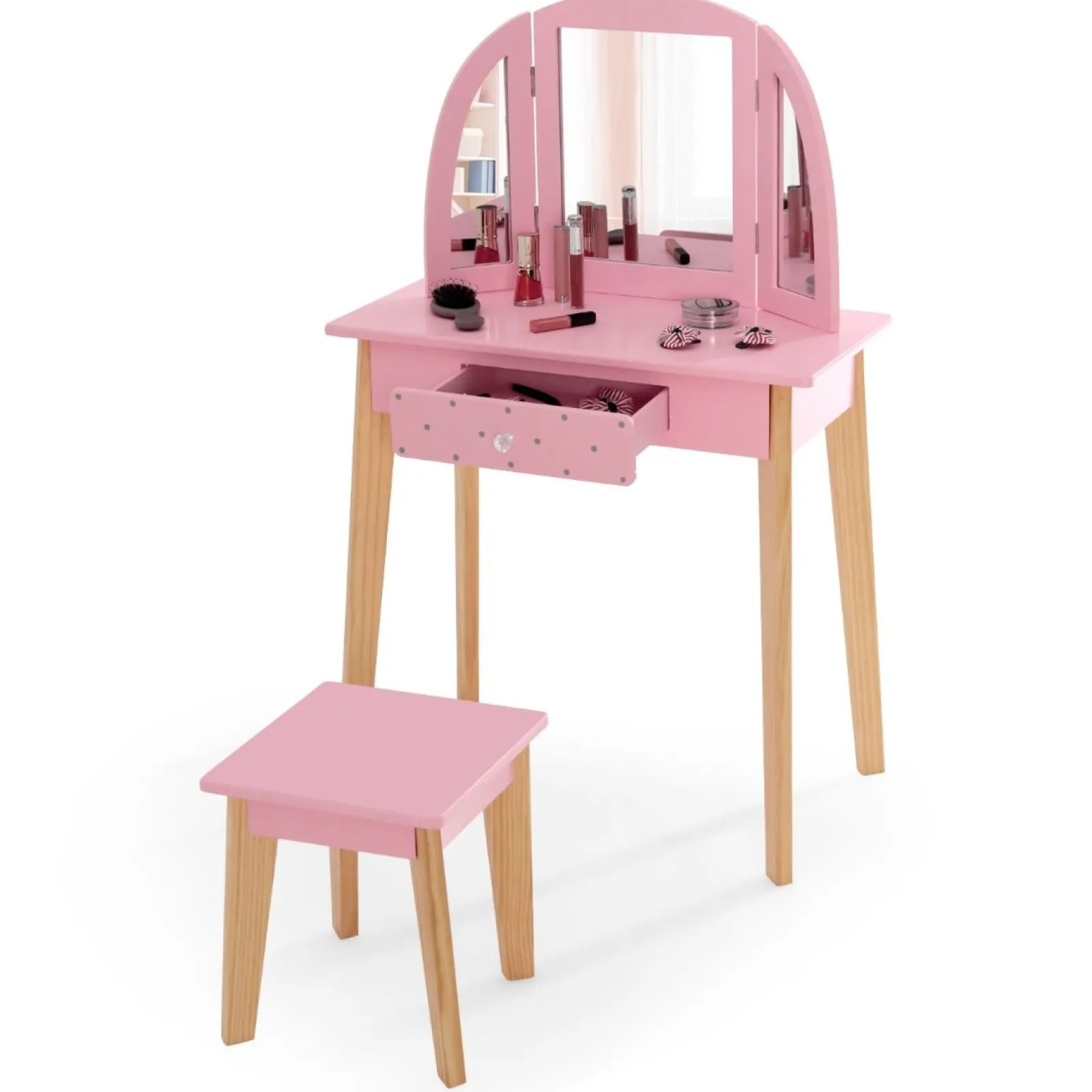 Kinder Little Helper Montessori-Schminktisch- Und Hocker-Set | Schminktisch | Dreifach Klappbarer Spiegel | Schublade | Rosa | 3-7 Jahre
