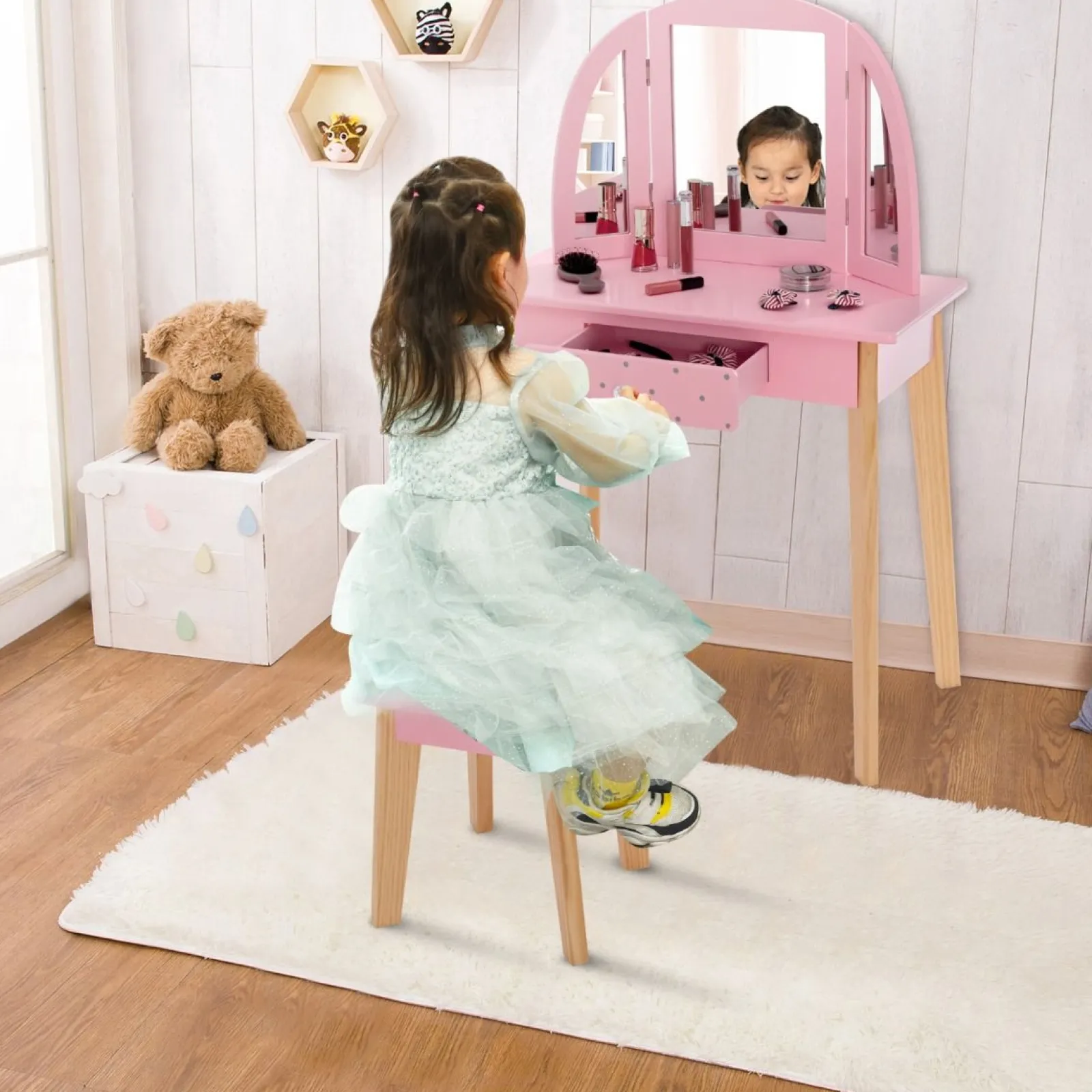 Kinder Little Helper Montessori-Schminktisch- Und Hocker-Set | Schminktisch | Dreifach Klappbarer Spiegel | Schublade | Rosa | 3-7 Jahre