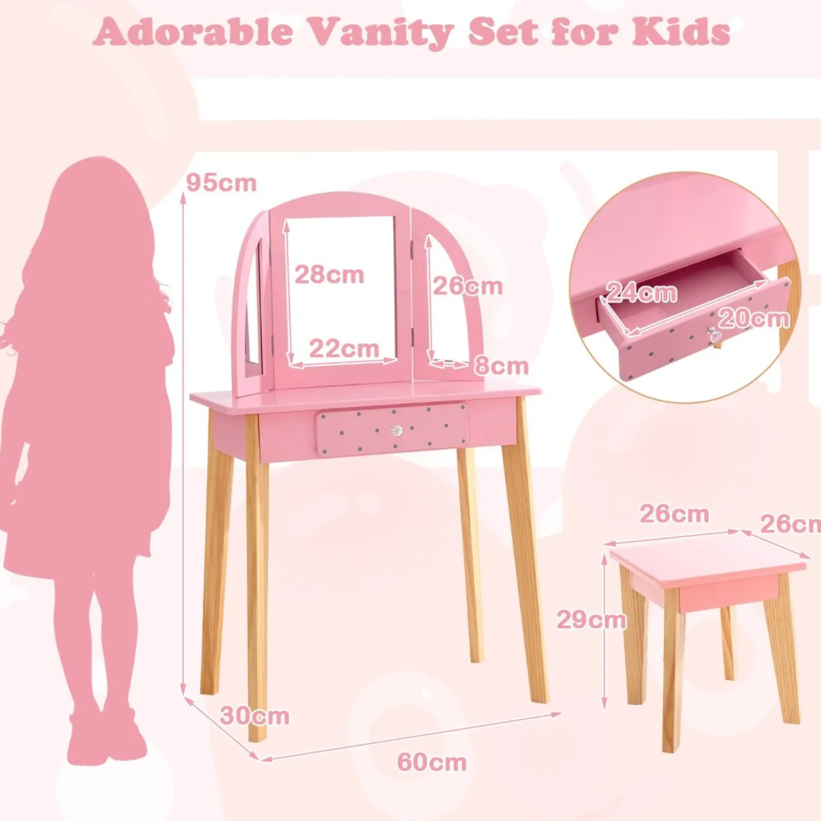 Kinder Little Helper Montessori-Schminktisch- Und Hocker-Set | Schminktisch | Dreifach Klappbarer Spiegel | Schublade | Rosa | 3-7 Jahre