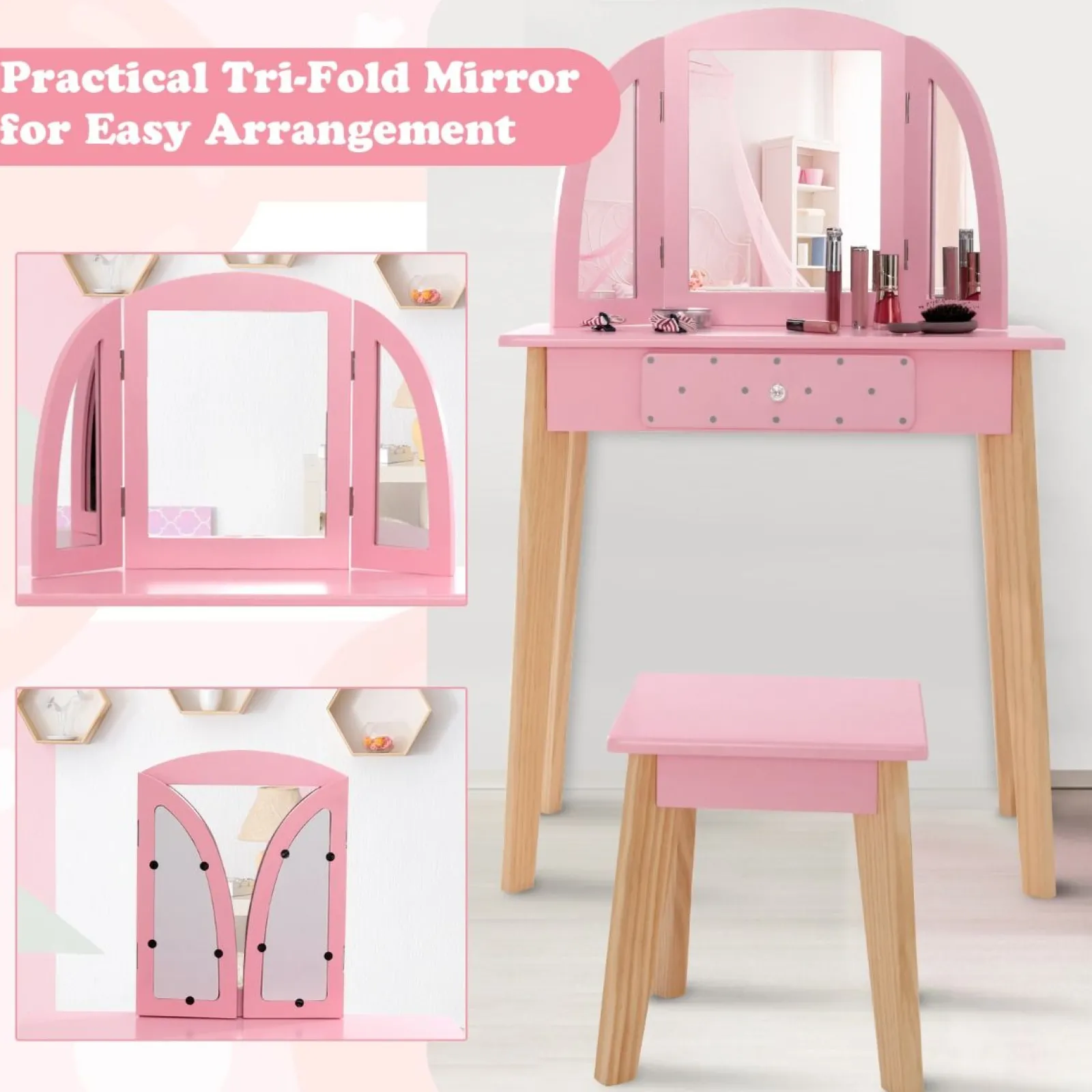 Kinder Little Helper Montessori-Schminktisch- Und Hocker-Set | Schminktisch | Dreifach Klappbarer Spiegel | Schublade | Rosa | 3-7 Jahre
