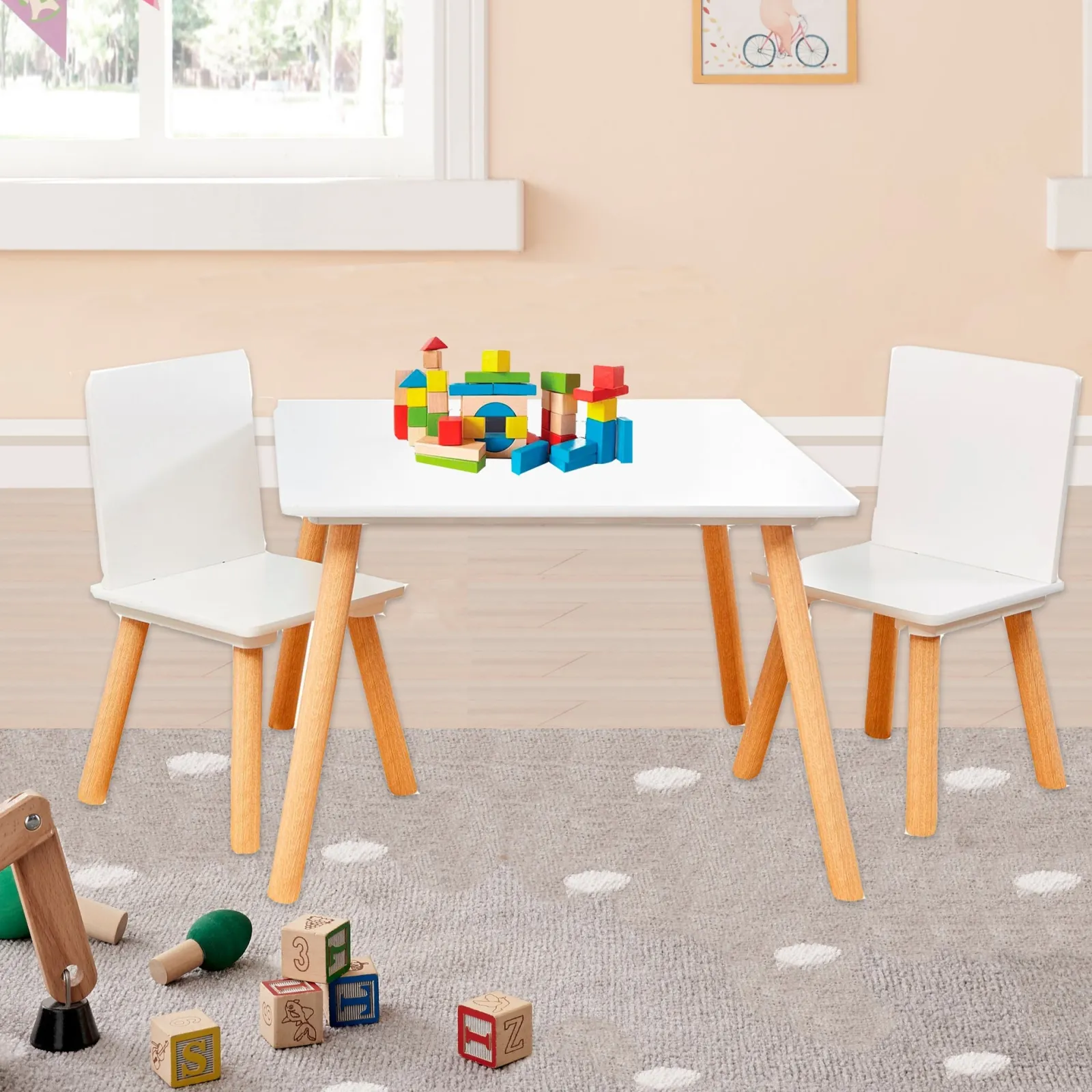 Kinder Little Helper Montessori-Set mit Tisch und 2 Stühlen im Scandi-Design, kratzfest, aus weißem und Kiefernholz | Ab 2 Jahren