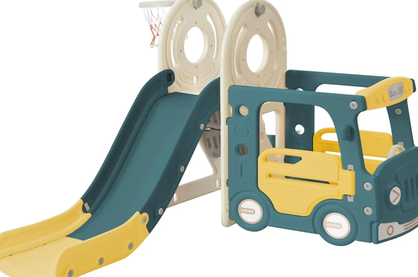 Little Helper Montessori-Spielbus und Rutsche für Kinder | Basketballkorb | Innen-Außen | Grün oder Beige