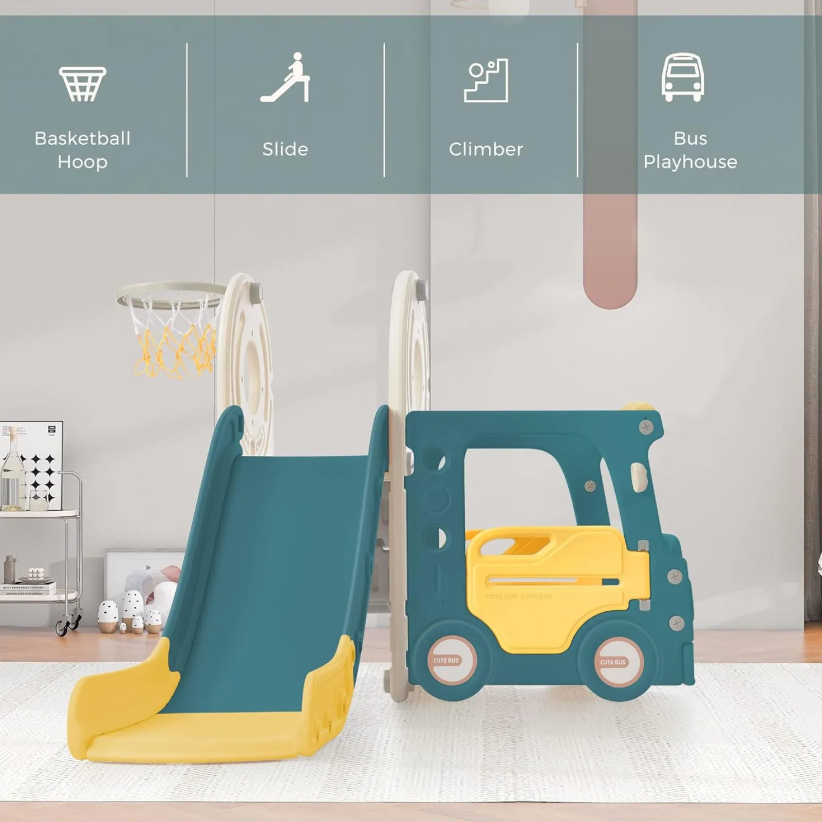 Little Helper Montessori-Spielbus und Rutsche für Kinder | Basketballkorb | Innen-Außen | Grün oder Beige