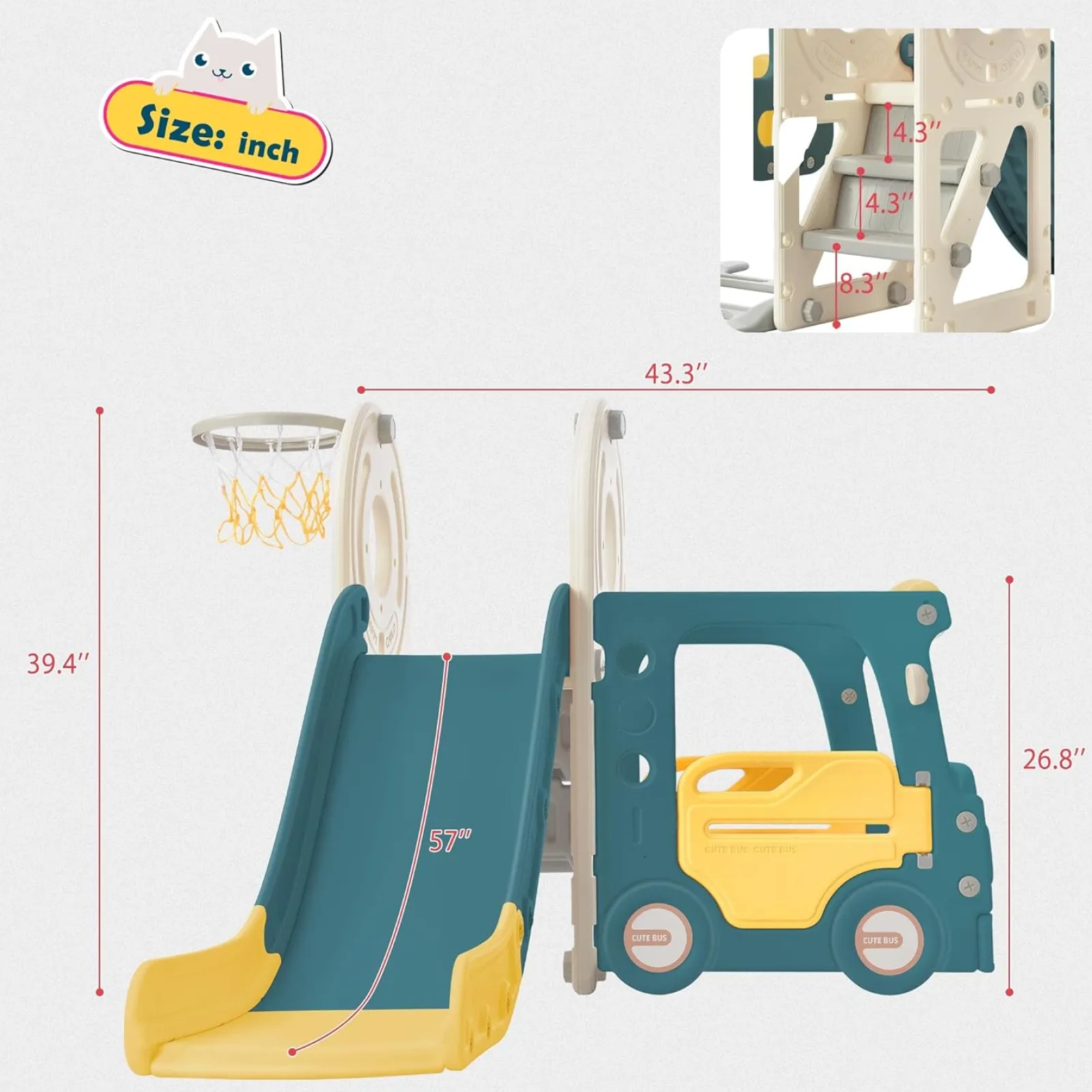 Little Helper Montessori-Spielbus und Rutsche für Kinder | Basketballkorb | Innen-Außen | Grün oder Beige