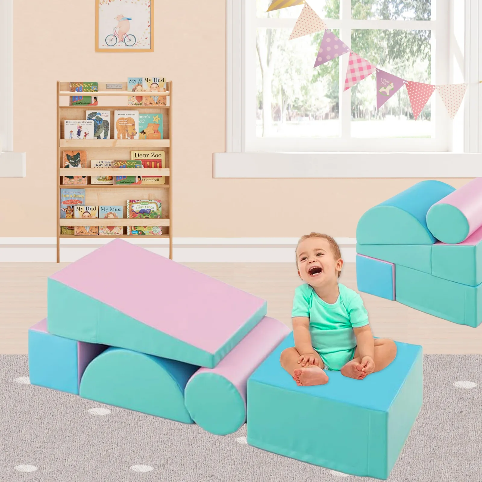 Kinder Little Helper Montessori-Spielgeräte | 5-teiliges Pikler-Spielset aus Schaumstoff | Rutsche und Brücke | Pastell-Mint | 1–3 Jahre