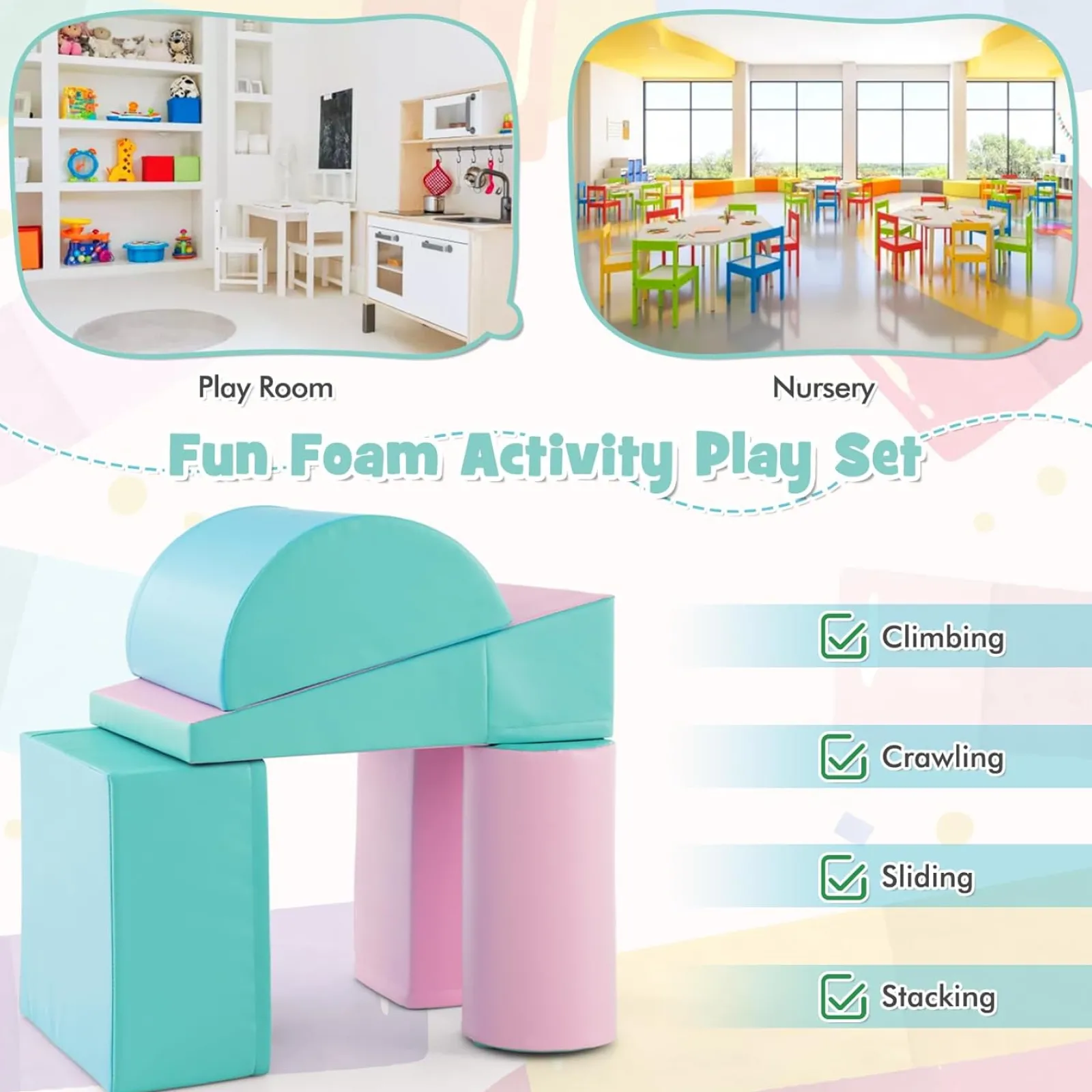 Kinder Little Helper Montessori-Spielgeräte | 5-teiliges Pikler-Spielset aus Schaumstoff | Rutsche und Brücke | Pastell-Mint | 1–3 Jahre