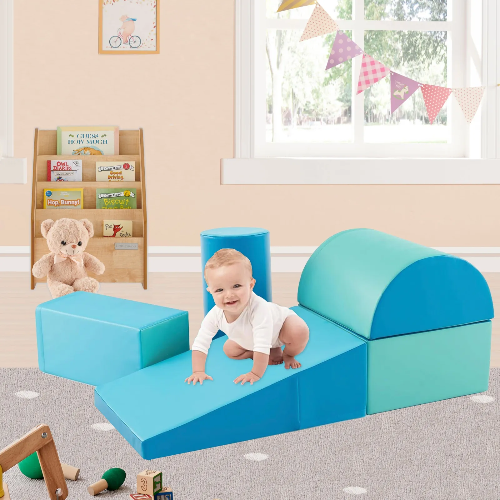 Kinder Little Helper Montessori-Spielgeräte | 5-teiliges Pikler-Spielset aus Schaumstoff | Softplay-Rutsche und -Brücke | Blues-Set | 1–3 Jahre